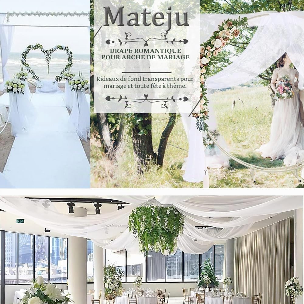 Mateju Lot de 4 Tenture Mariage Plafond Voilage Blanc Decoration Plafond Mariage Tulle Rideaux de Plafond en Mousseline de Soie pour Mariage, Arche, Fête, Cérémonie Décoration (150x600cm)