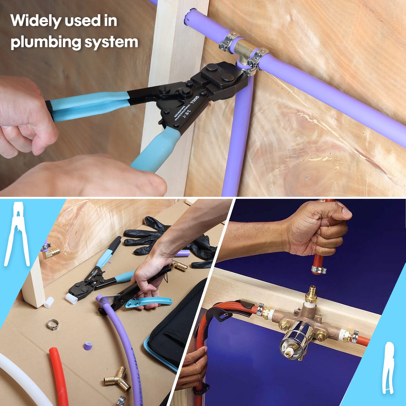 SHALL Pince à sertir à PEX et coupe-tuyau, kit d'outils à sertir pour raccord de tuyau, conforme à la norme ASTM F2098, pour colliers de serrage en acier inoxydable de 0,9 cm à 2,5 cm, avec 20 bagues