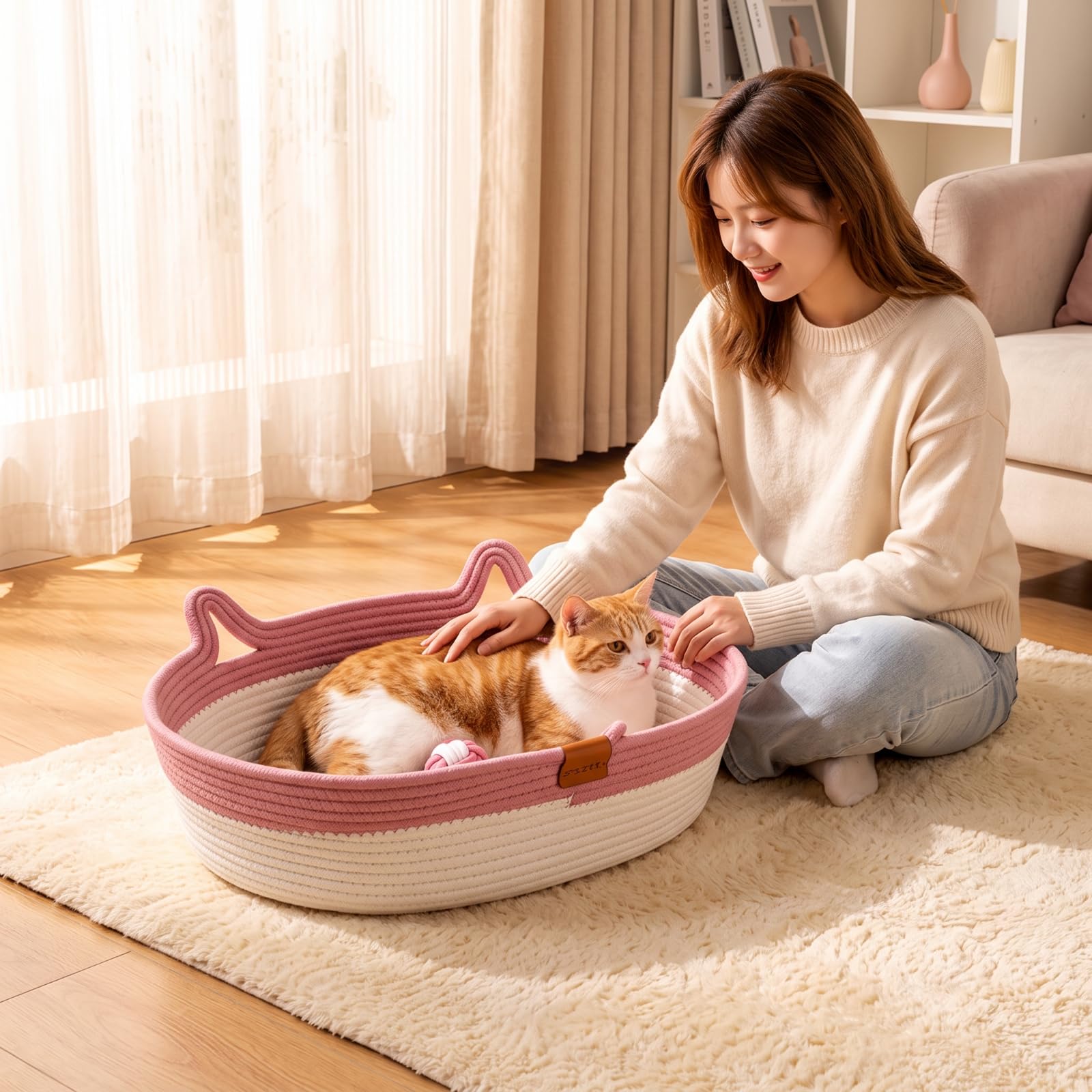 Cuccia Intrecciata per Gatto Letto Cesta Nido Cesto con Pareti Rialzate Palla con Corda Manici a Orecchie in Corda di Cotone Adatta a Sonno Gioco Relax Domestico, 麻藤席窝-黄色, 特大号60 45cm