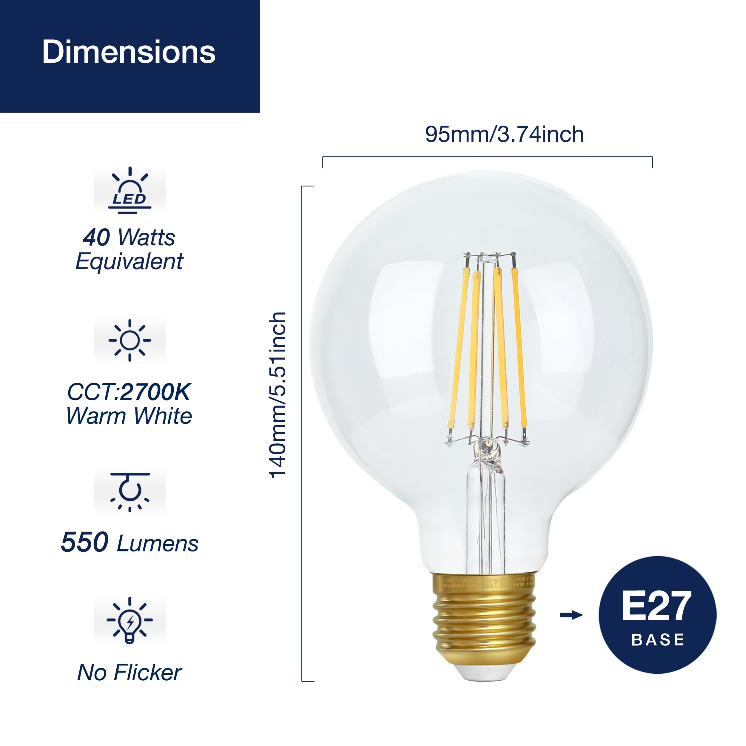 FLSNT Dimmable E27 Screw Bulb 40W, G95 LED Filament Edison Screw in Light Bulb, 5.5W E27 Vintage Light Bulbs Warm White 2700K - Image 2