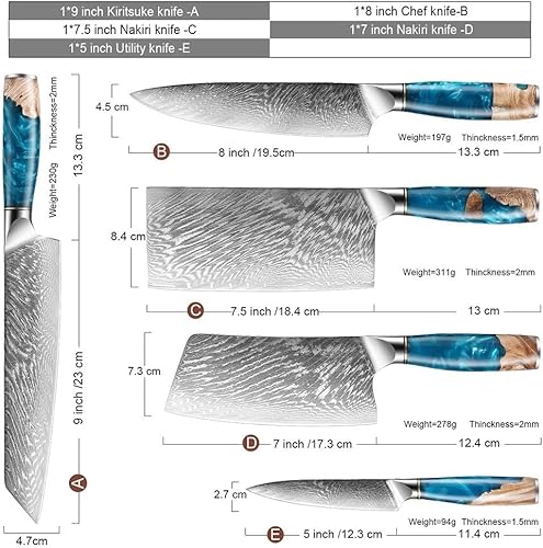 Miniatura 2 de Conjuntos de cuchillos, 5 unids japón santoku cuchillos chef cuchillo utilidad cuchillo 67 capas de alto carbono Damasco VG10 núcleo de acero