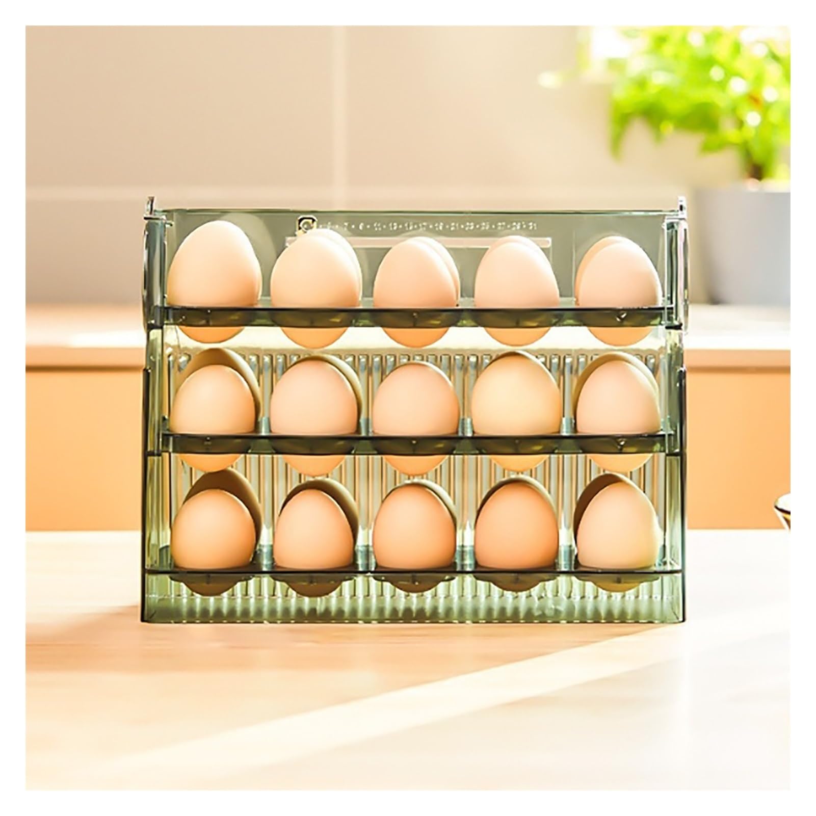 Bandeja for huevos con tapa de 3 for frigorífico, organizador de huevos de polipropileno, caja de almacenamiento de huevos for frigorífico, dispensador de huevos con escala de tiempo(Green)