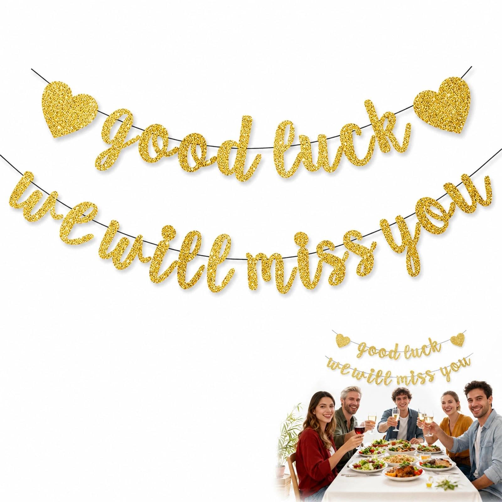 Good Luck Gold Glitter Farewell Banner - We Will Miss You Decorations for Graduation, Retirement, Going Away Party