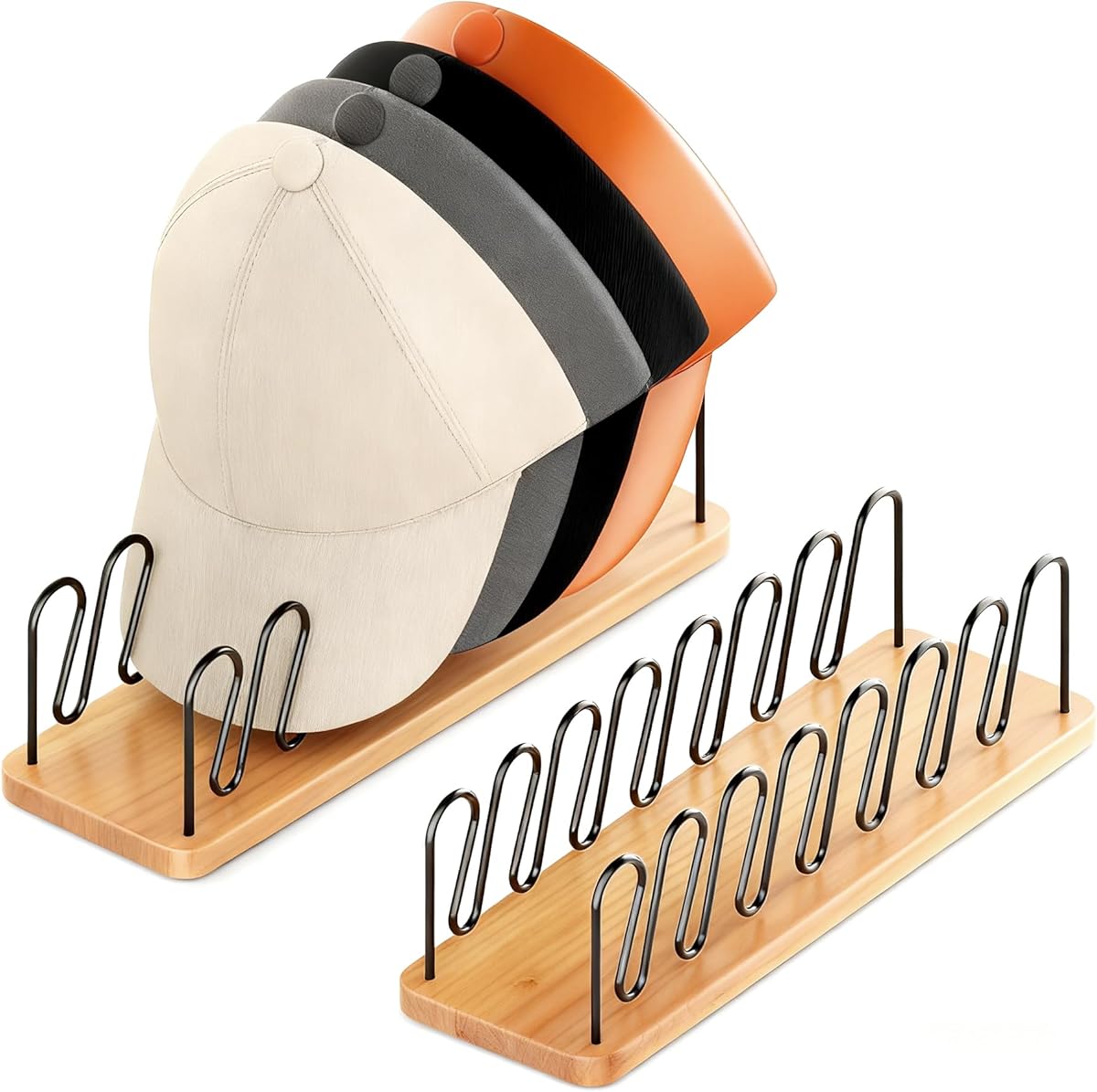 UdoUto Hat Organizer for Baseball Caps-2 PacK | Wood &amp; Metal Hat Rack Holds 14 for Baseball Caps | Space-Saving Closet Shelf Organizer for Bedroom, Dresser, Entryway