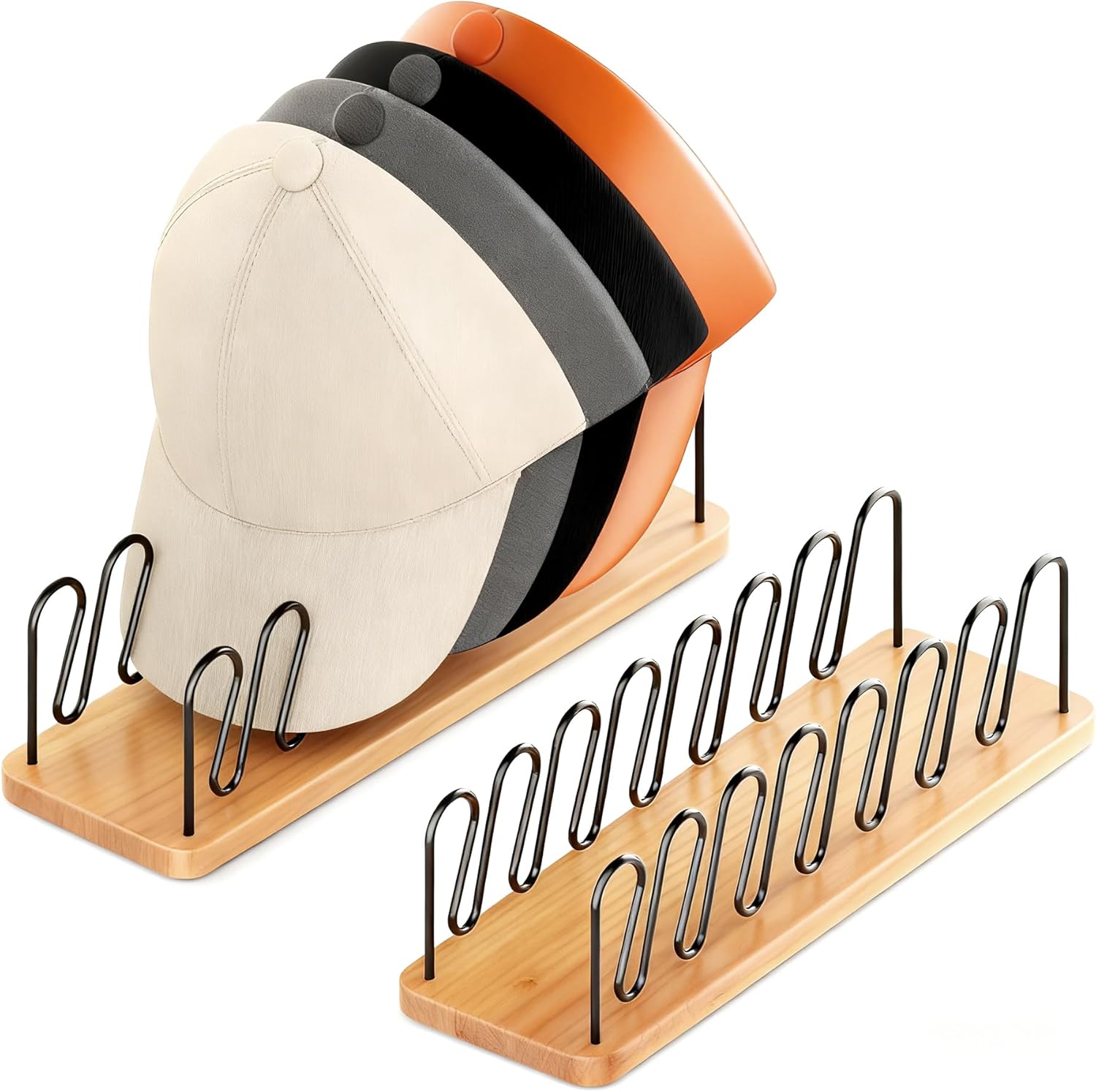 UdoUto Hat Organizer for Baseball Caps-2 PacK | Wood &amp; Metal Hat Rack Holds 14 for Baseball Caps | Space-Saving Closet Shelf Organizer for Bedroom, Dresser, Entryway