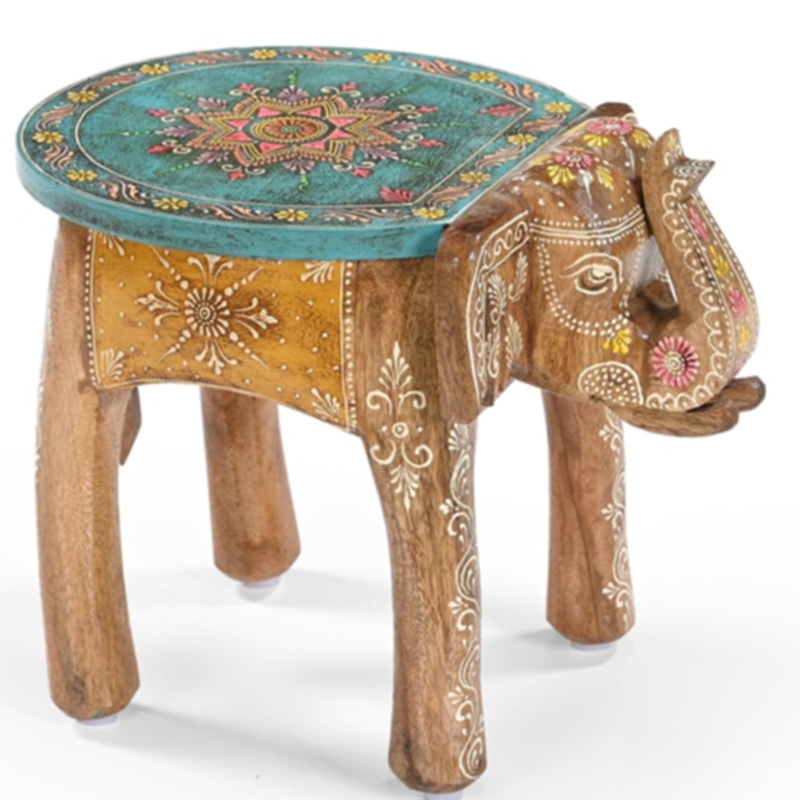 iAnanas vormontiert einsatzbereit Orientalischer Beistelltisch | Indische Deko Möbel, Massivholz, Handarbeit – Bunter Elefant Tisch im Boho & Vintage Stil (41 × 29 × 30 cm)