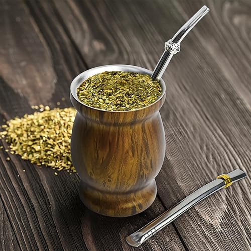 Miniatura 6 de Artcome Juego de 5 tazas de yerba mate de acero inoxidable  1 taza de acero inoxidable de doble pared de 8.5 onzas, 1 termo de 17 onzas, 2 bombillas