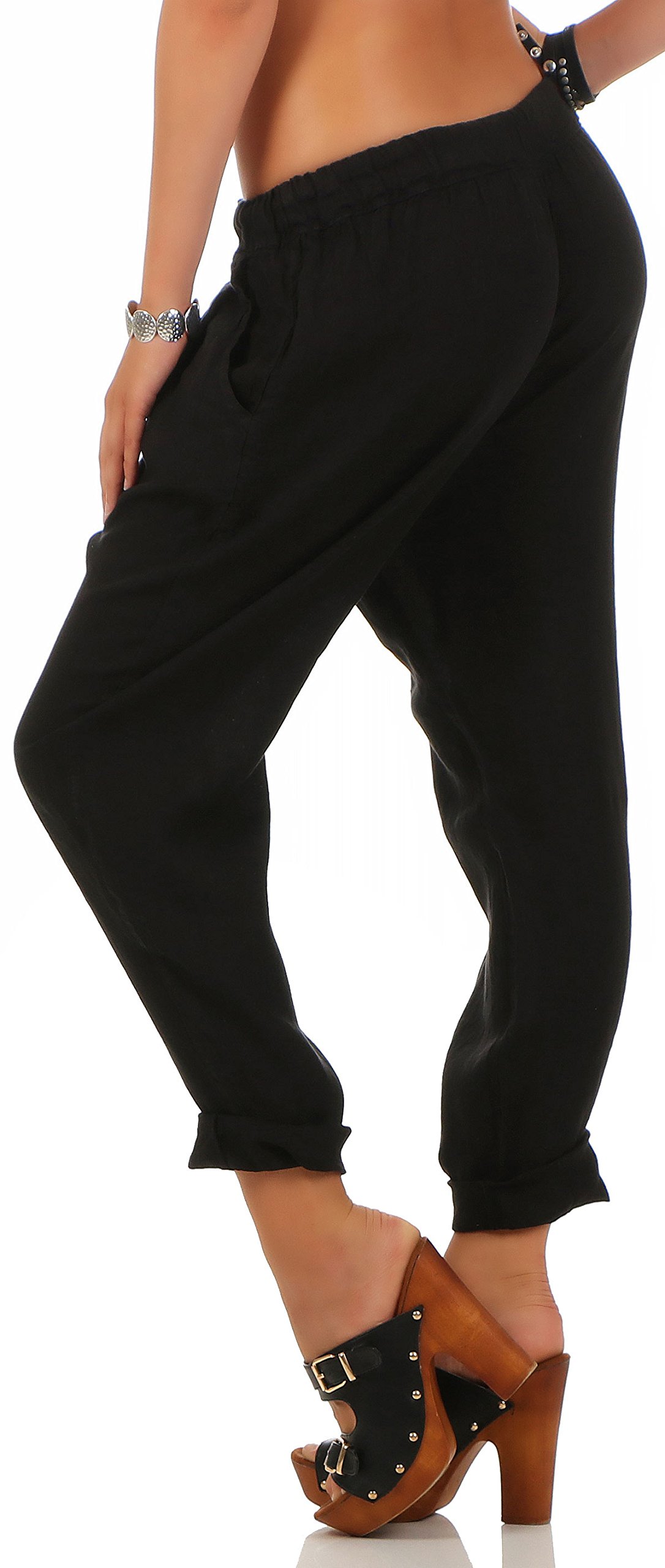 Malito Ocio Pantalones de Lino con Cintura Elástica 6816 Mujer