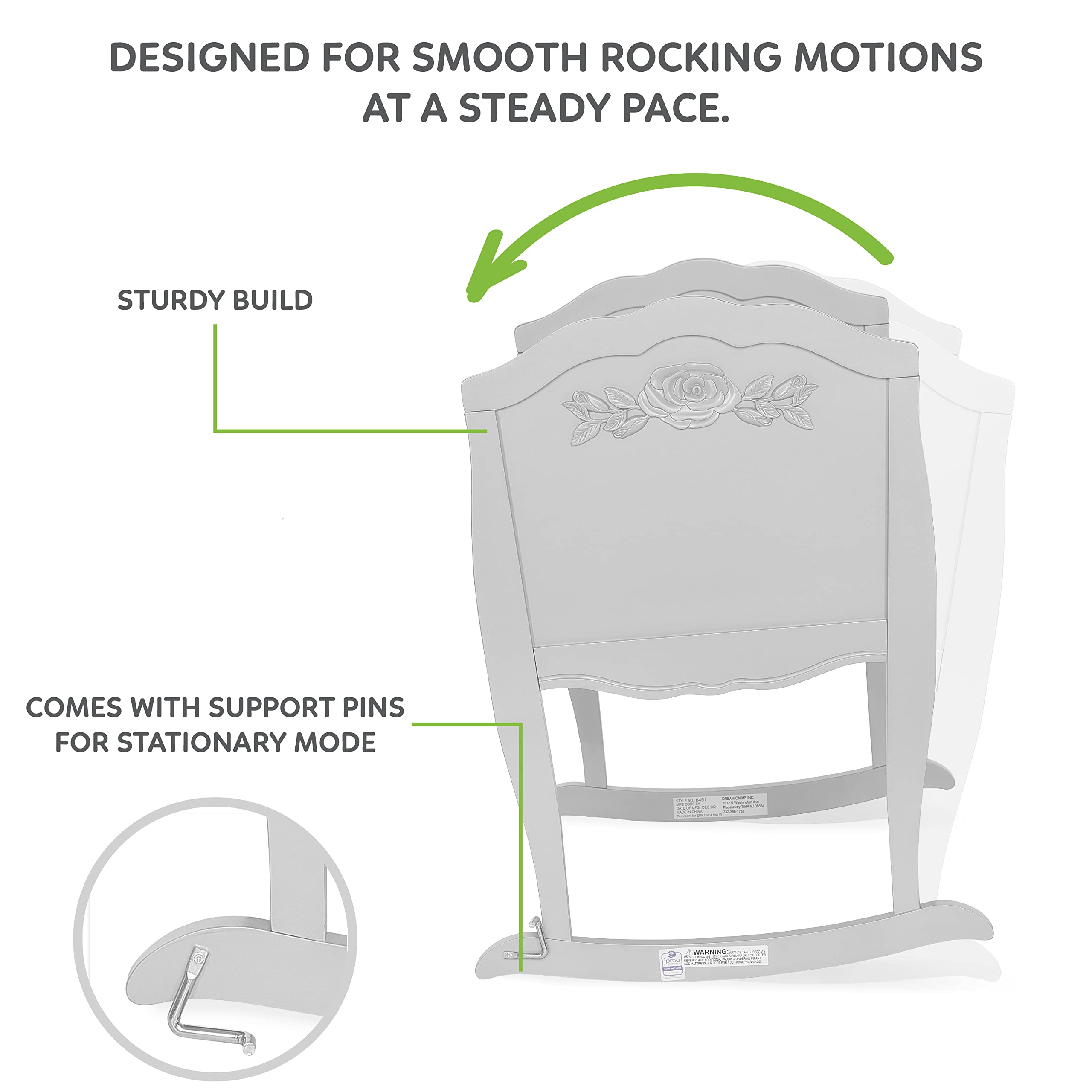 SweetPea Baby Rose Cradle in Platinum, with 1" Mattress Pad, Easy to Assemble, JPMA Certified, New Zealand Pinewood Cradle, Stationary and Rocking Cradle