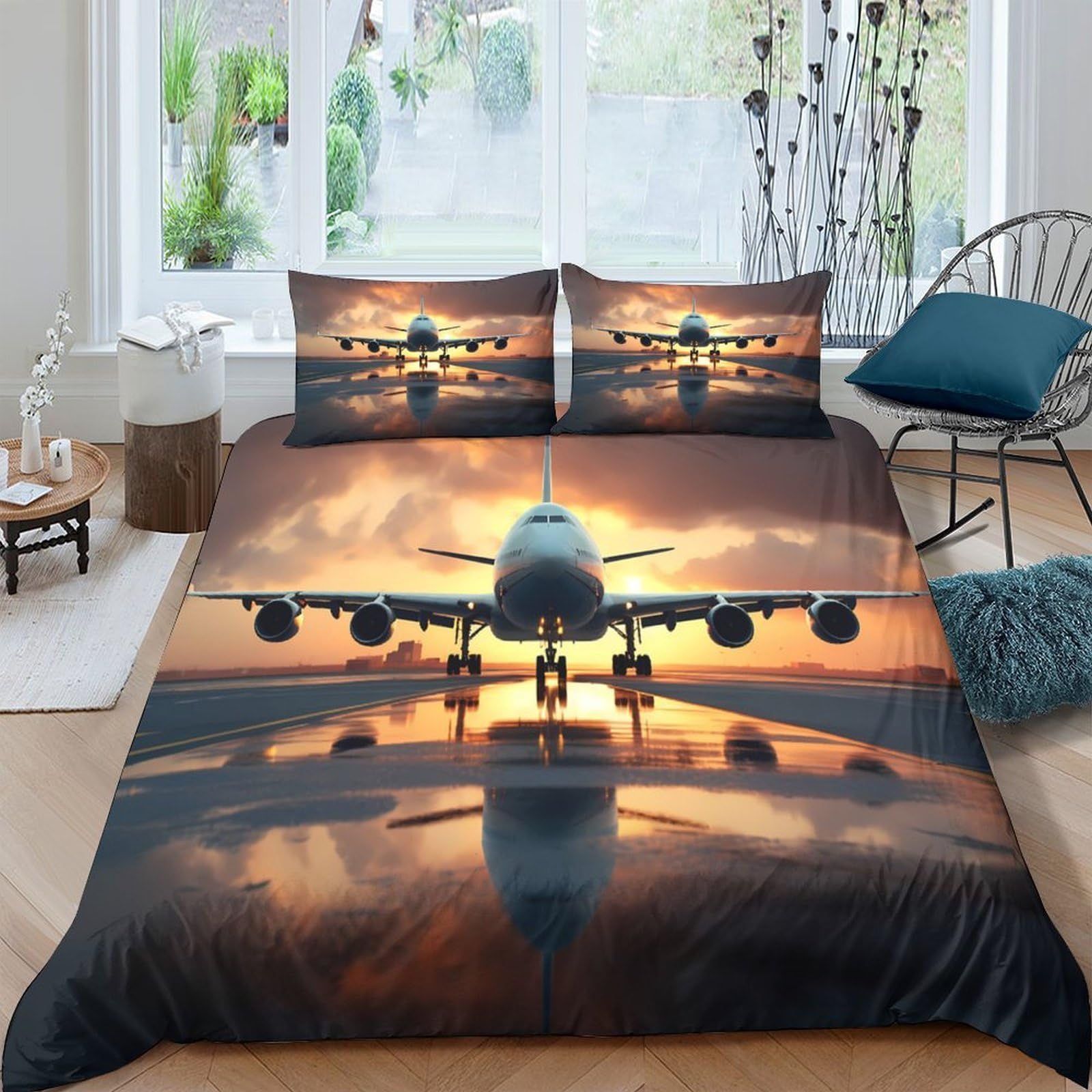 Ctjqhvkz Style-1 3D Printed Sunset Airplane Fitted Sheet Microfiber Soft Bedroom Decor Runway Reflection Mattress Cover Single（135X200cm）