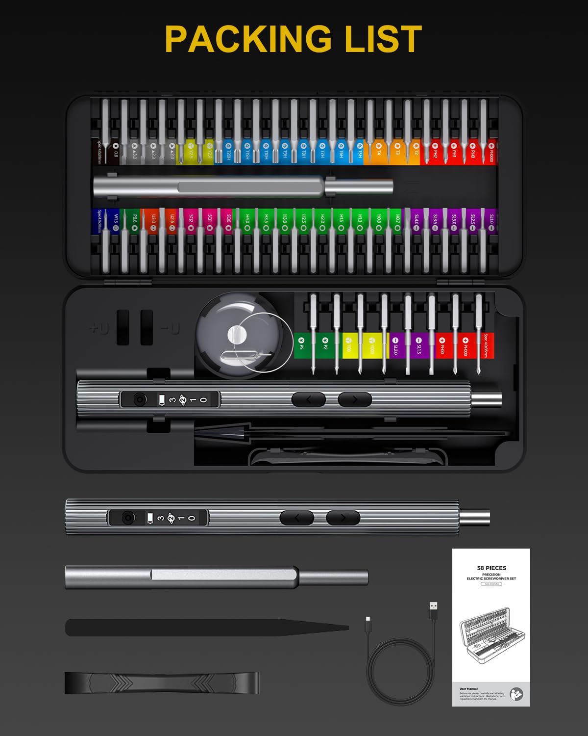 Mini Elektrisch Schraubendreher Set, 58 In 1 Feinmechaniker Werkzeug Set 200rpm mit 50 S2 Magnetischer Spitze/Motorschutz/3 Gänge Akku Schraubendreher, für Phone/Laptops/Watch/Camera