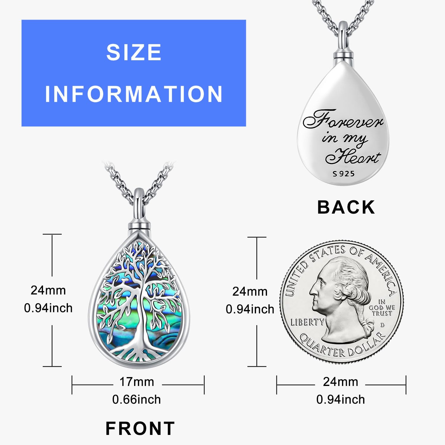 Odinstone Tree of Life Urn Necklace for Ashes, Heart Crystal Urn Necklace for Women, Sterling Silver Cremation Jewelry for Ashes, Sterling Silver, Crystal