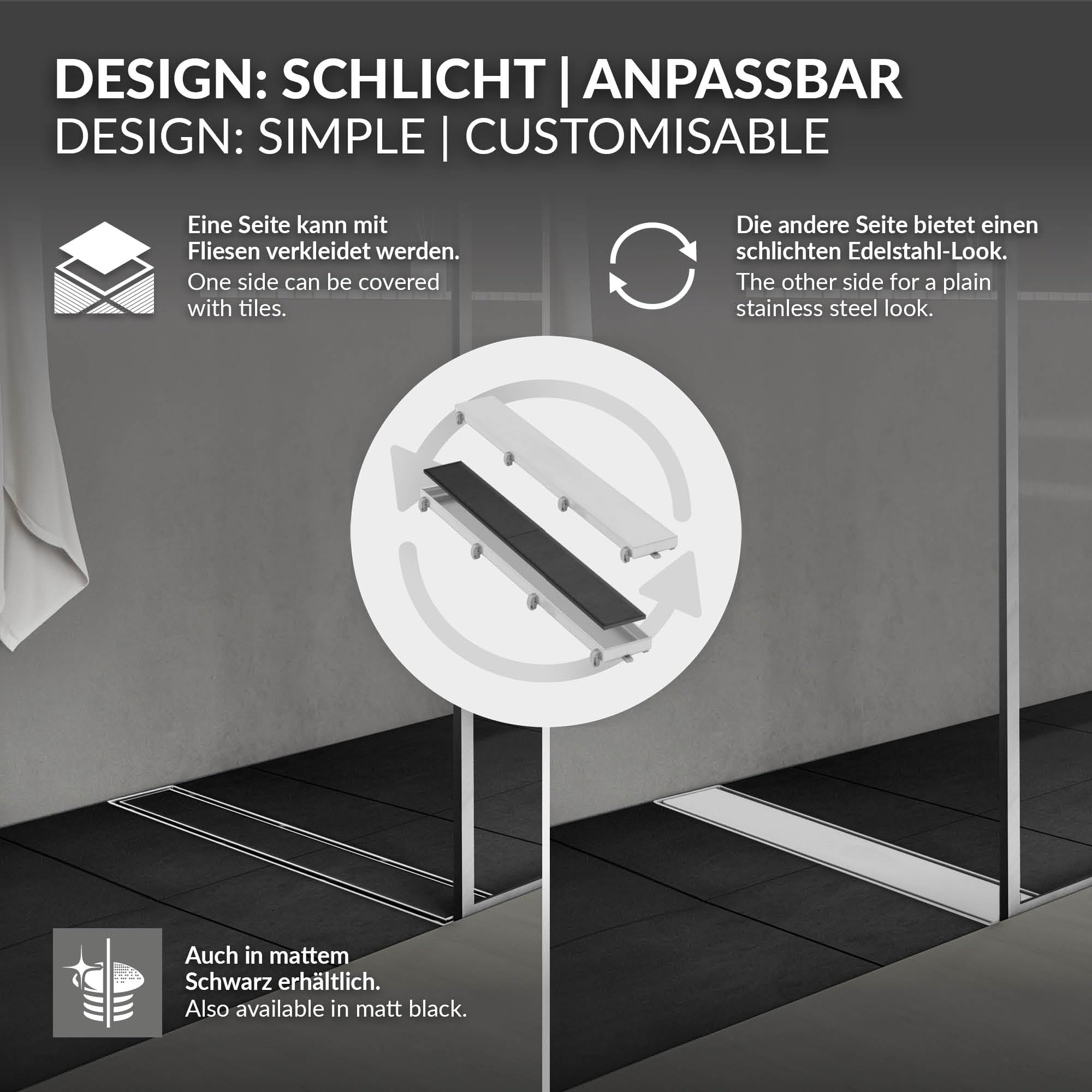 LuxeBath Canal de Ducha Desagüe 60cm 2en1 Extraplano Acero Inóxidable Fijación al Suelo Sumidero Sifón Doble Cara Autolimpiante con Tope para Olores y Colador de Pelo Alcantarillado para Baño