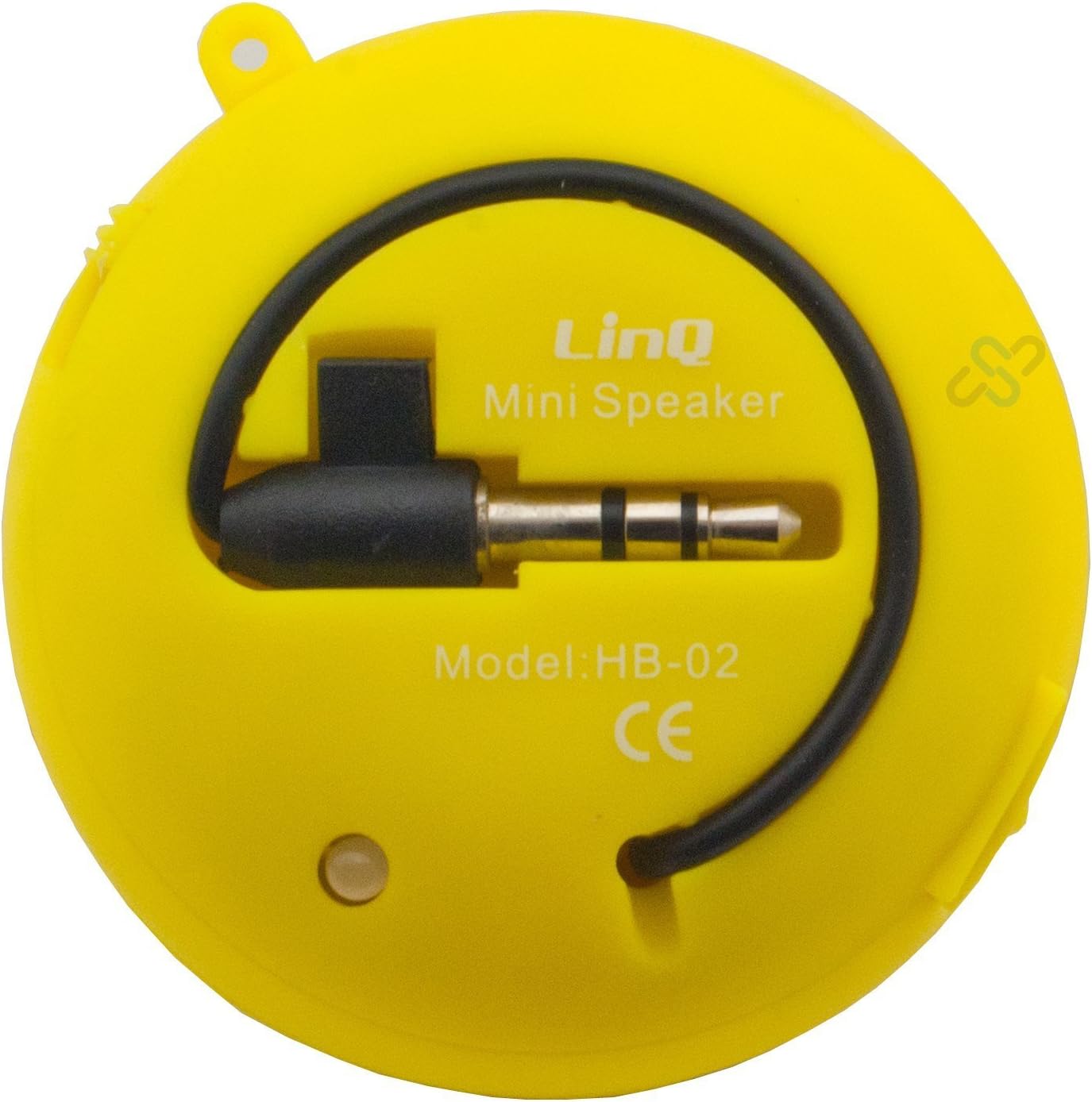 Atgal view of a yellow Linq HB-02 Mini Speaker showing the 3.5mm audio jack and model number