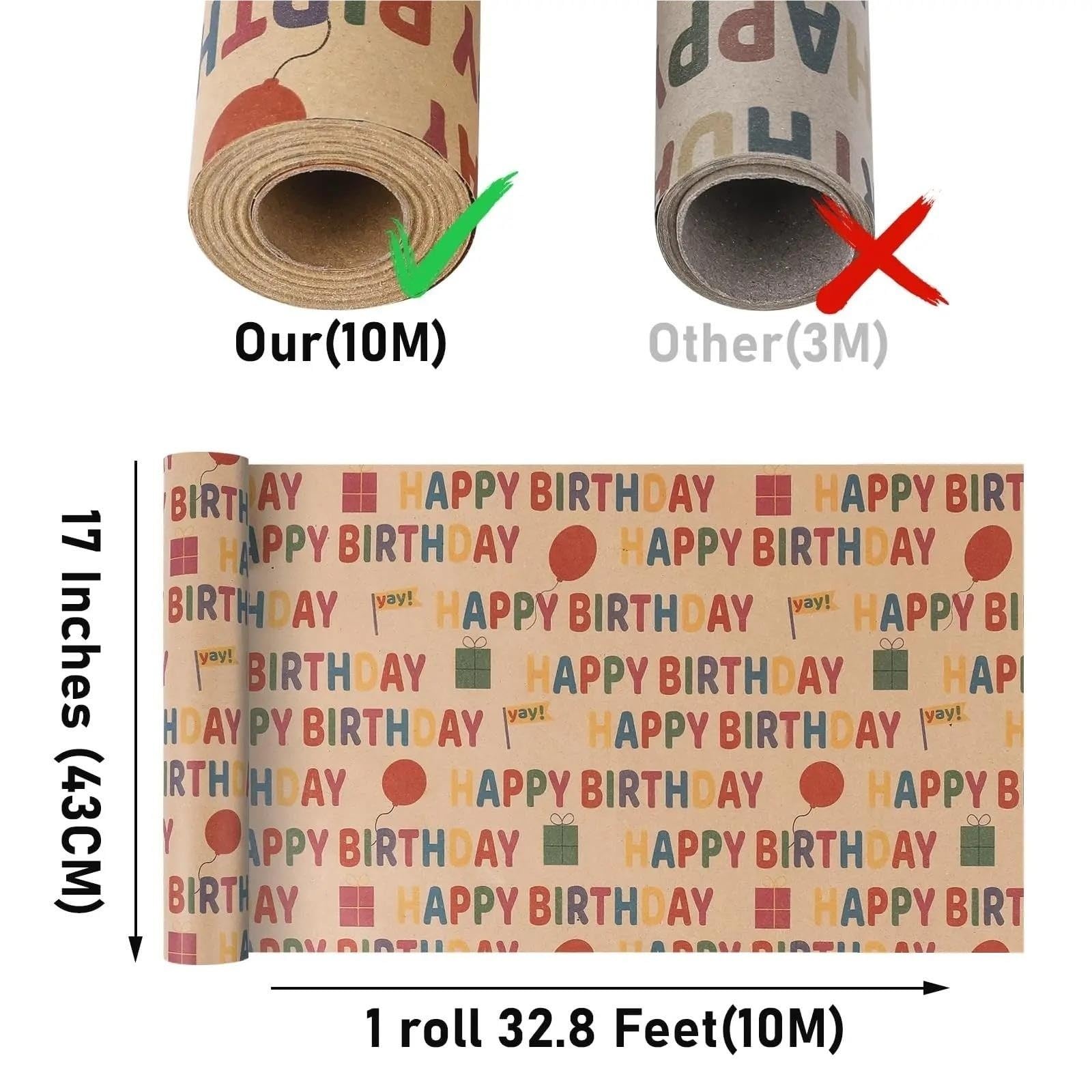 Geburtstags-Geschenkpapierrolle aus Kraftpapier, 43 cm x 10 m