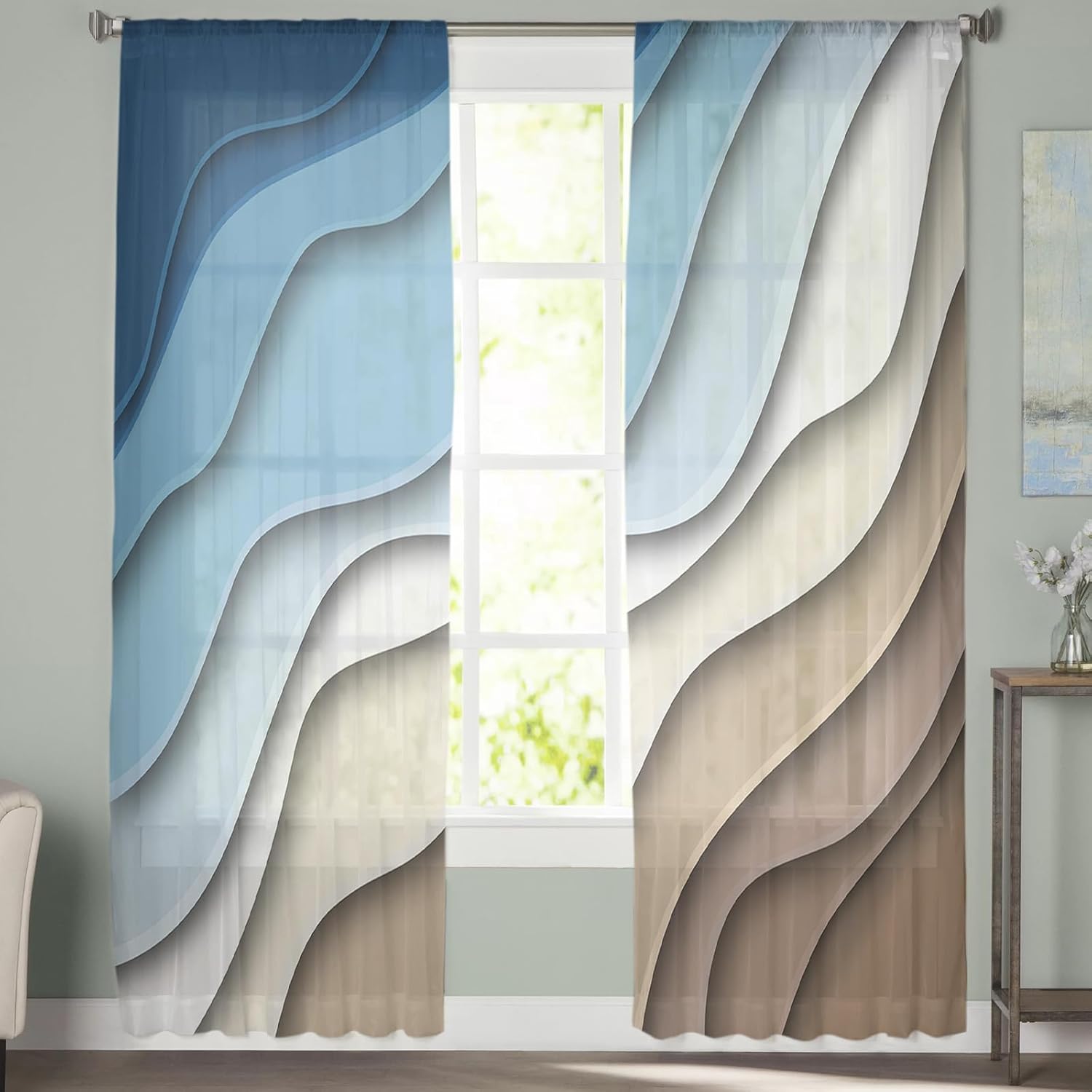 Sheer Curtain Panels Blue Brown Modern Geometric Voile Window Curtain Ombre Blue Abstract Window Treatments Privacy & Ligh Filtering Curtain Drapes for Bedroom Living Room 2 Panel Set 52 x 63 Inch