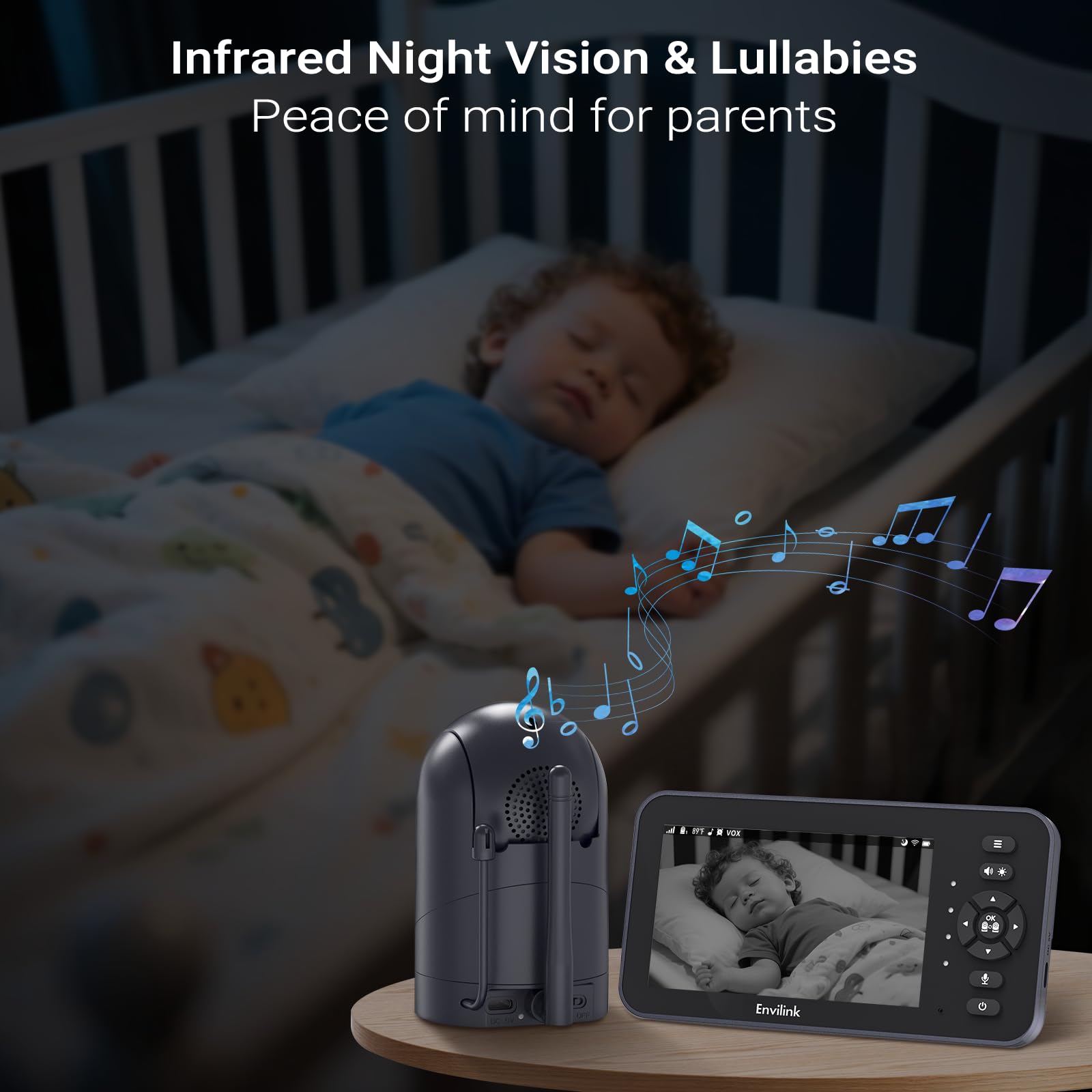 Monitor de video para bebé 720P con cámara y audio, pantalla de 5 pulgadas, sin wifi o modo de aplicación gratuita para smartphone, cámara de panorámica/inclinación/zoom, canciones de cuna