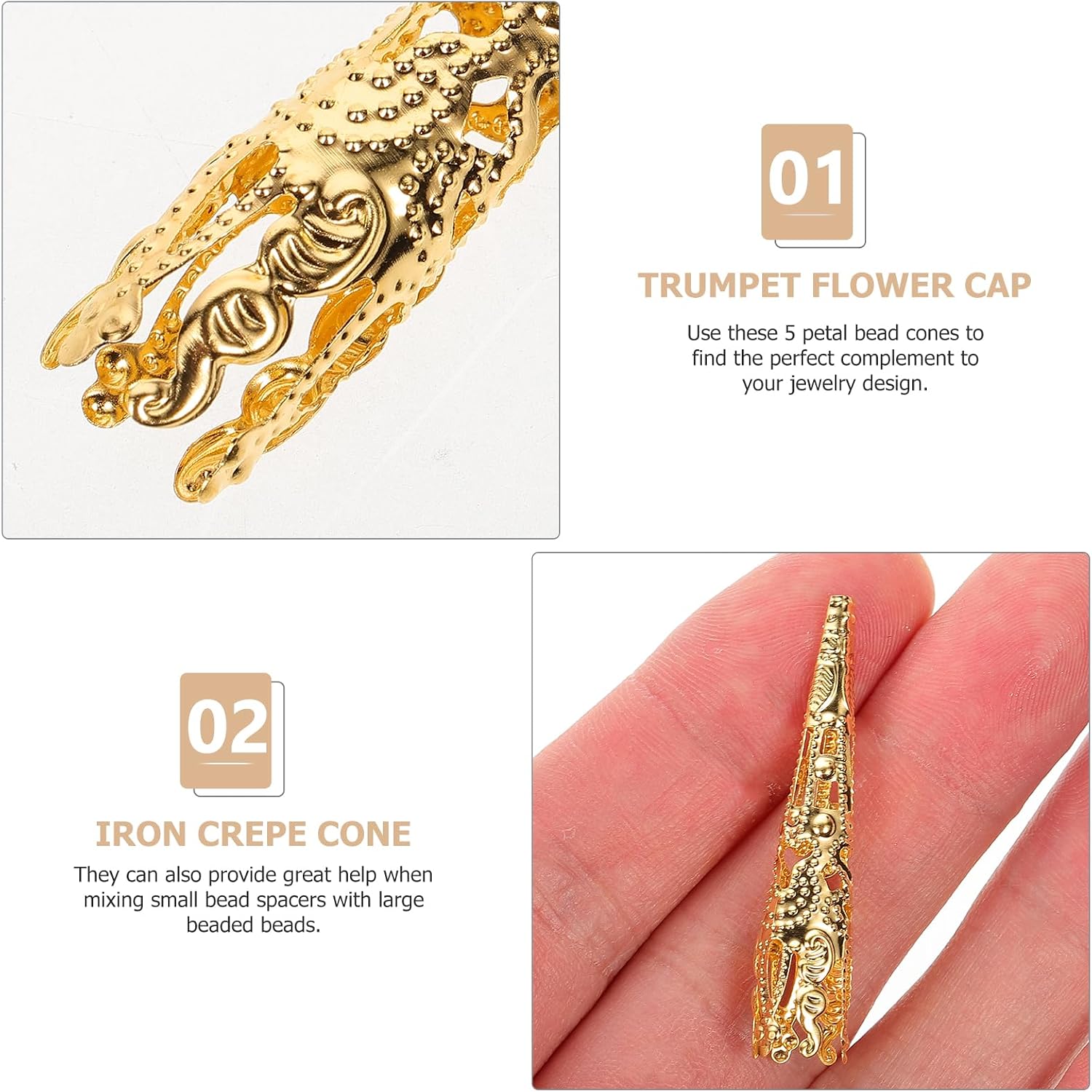 ARTIBETTER Long Trumpet Flower Holder 5-Petal Filigree Bead Caps Metal Cone End Caps for Jewelry Making DIY Crafting 100 Pieces 1.61X0.31X0.31 Inch