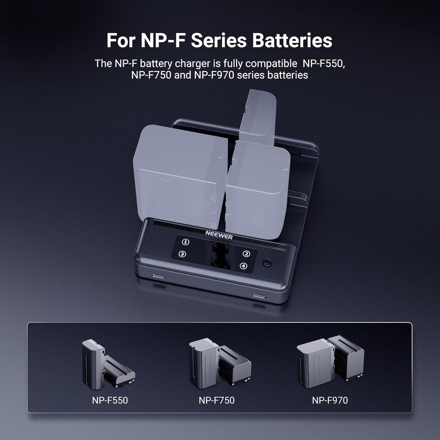 NEEWER NP-F970 4 Channel Charger with Smart Power Consolidation Compatible with Sony NP-F550 750 Camcorder NPF Camera Battery, PD100W Fast Charging/PD100W Charger/Dual USB C/OLED Display, NW-F4R