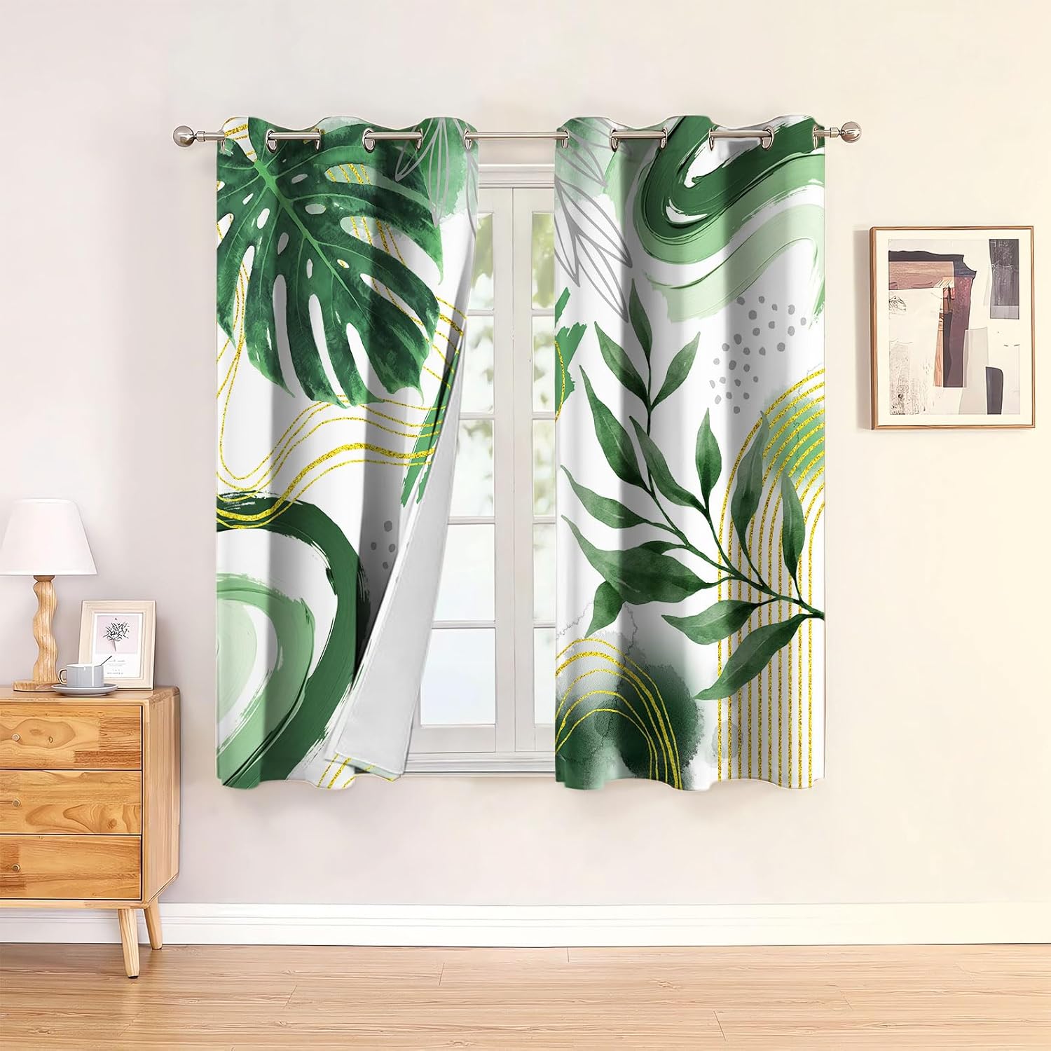 Tropical Leaves Curtains,Boho Green Palm Plant Leaf Blackout Curtain,4263inch Floral Monstera Window Drapes for Bedroom Living Room Dining Room 2Panel HI084YL