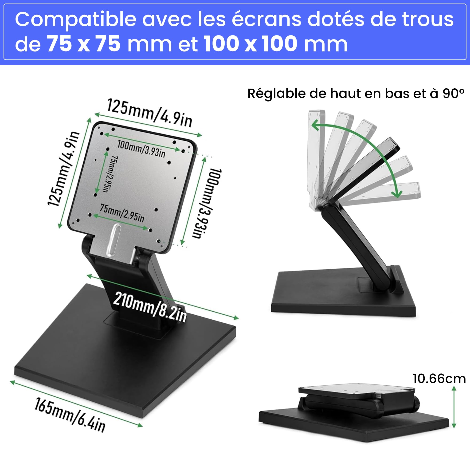 bimiti Supporto per schermo piatto pieghevole supporto monitor LCD | regolabile in metallo, foro VESA 75 x 75 mm/100 x 100 mm, compatibile con schermi da 10 – 27 pollici, nero