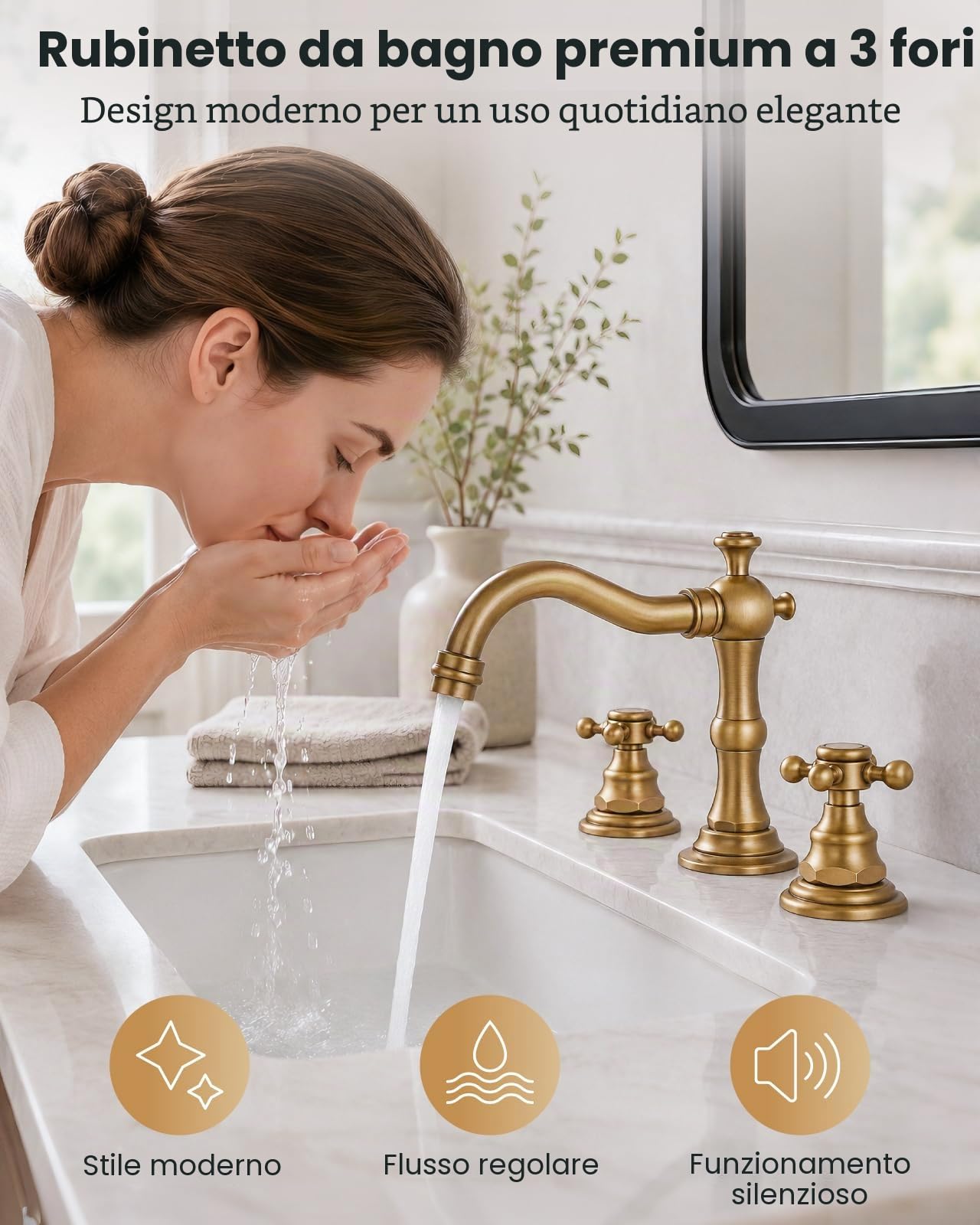 gotonovo, Rubinetto da bagno a due manopole, installazione su piano a 3 fori, con manopole a croce, miscelatore e piletta di scarico coordinata, per lavabo del bagno, ottone antico