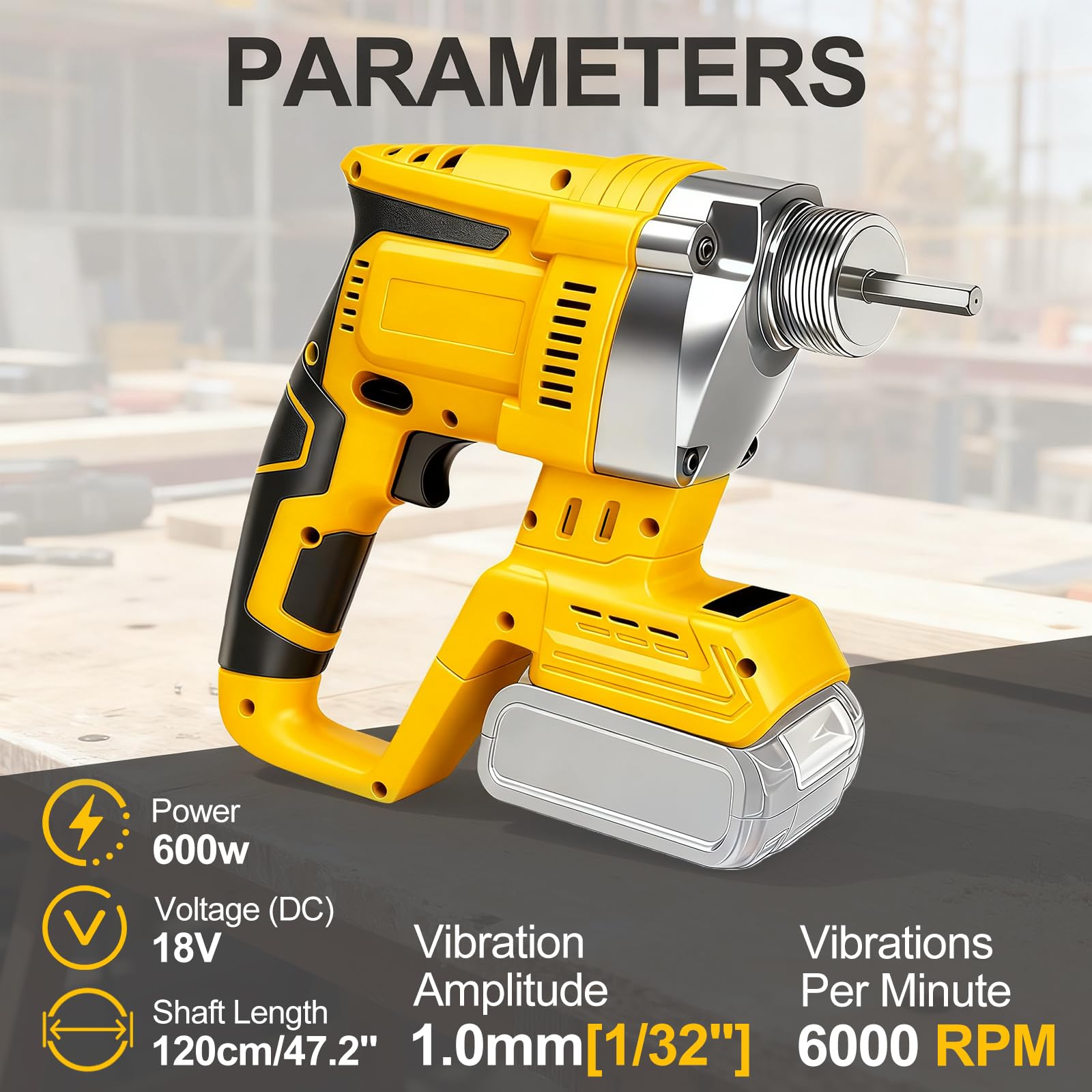 Vibratore per calcestruzzo senza fili compatibile con batteria Dewalt da 20 V (senza batteria), strumento vibrante elettrico senza spazzole da 600 W con asta flessibile da 1,2 m, per rimuovere