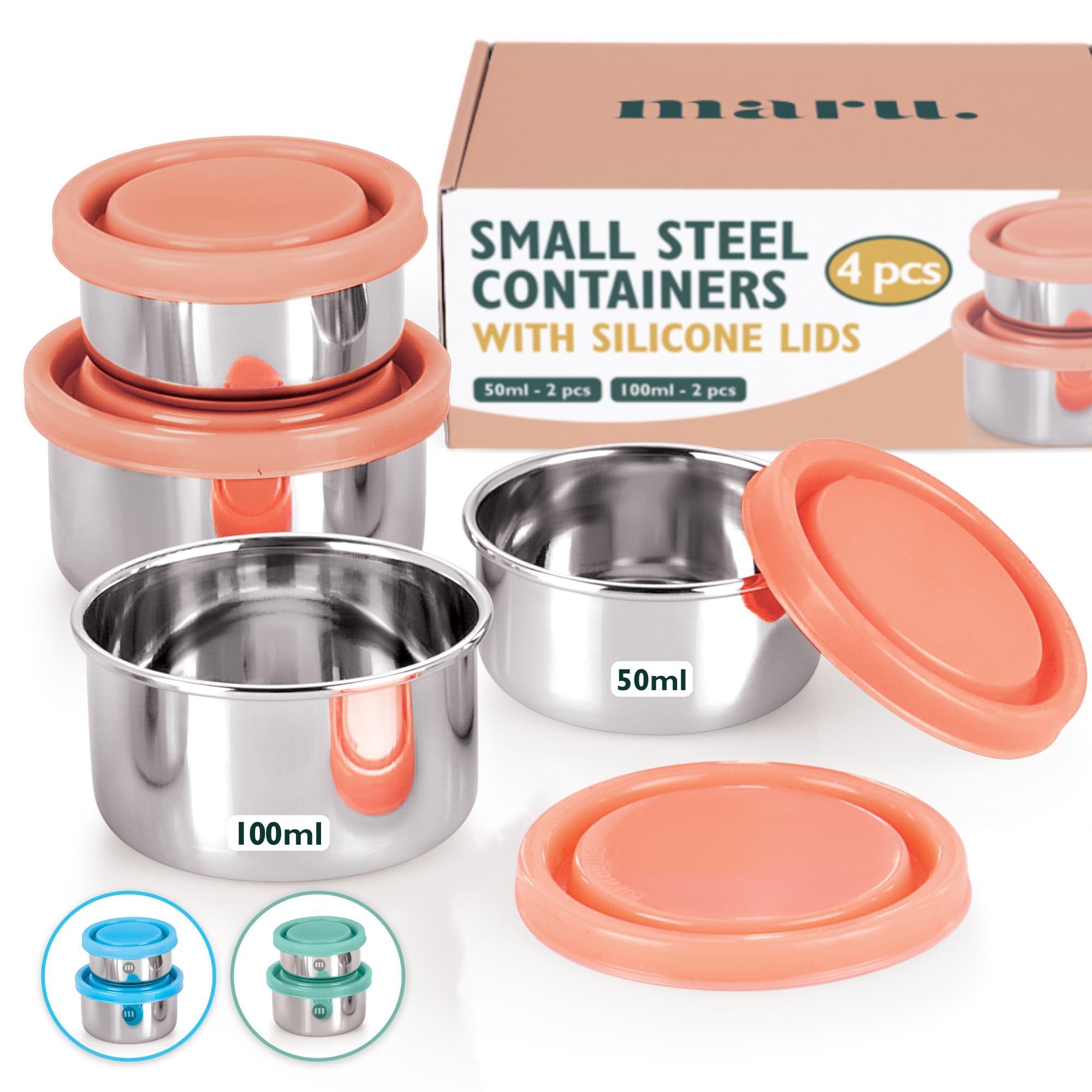 MARU Small Steel Containers, Small Tiffin Box for Chutney with Food Grade Silicone Lids, Kitchen Containers Set Steel Ideal for Chutney, Salad, Pickle - 50ml * 2 pcs & 100ml * 2 pcs, Set of 4 (Pink) (B0CM6S2M7P) Amazon Price History, Amazon Price Tracker