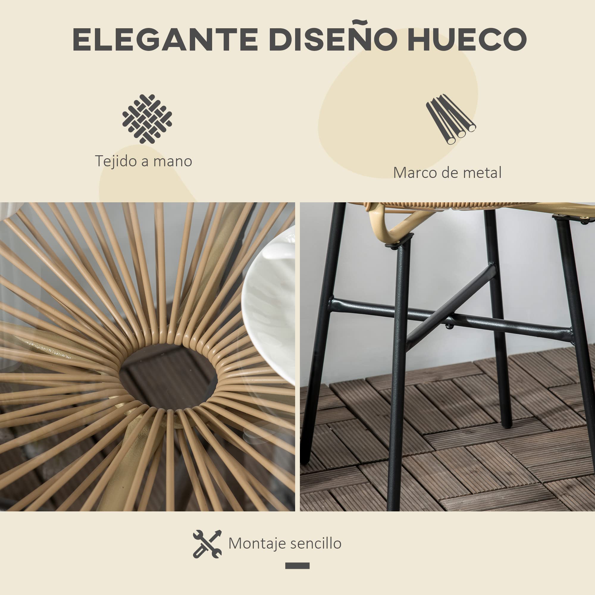 Outsunny Mesa de Jardín de Ratán Sintético Mesa de Centro Redonda para Exteriores con Tablero de Vidrio Templado y Patas de Metal para Patio Balcón Ø50x50 cm Beige