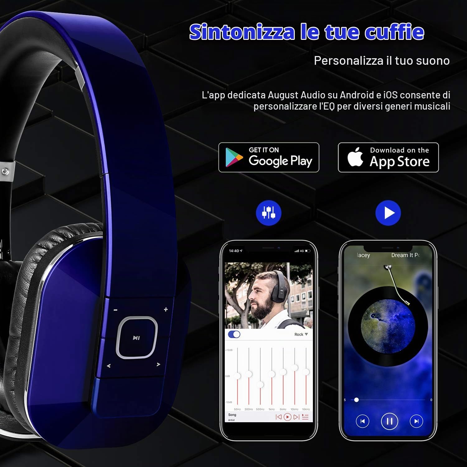 August EP650, Cuffie Bluetooth Senza Fili v4.2, Sterero Auricolare Wireless Bluetooth con NFC aptX e Funzione Multipoint, Blu