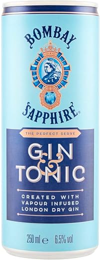 Bombay Sapphire Premium Gin & Tonic Ready to Drink Cocktail Pre-Mix in Can, London Dry Gin Steamed Infused, Natural Flavors & Premium Tonic Water, Vol. 6.5%, 25cl / 250ml