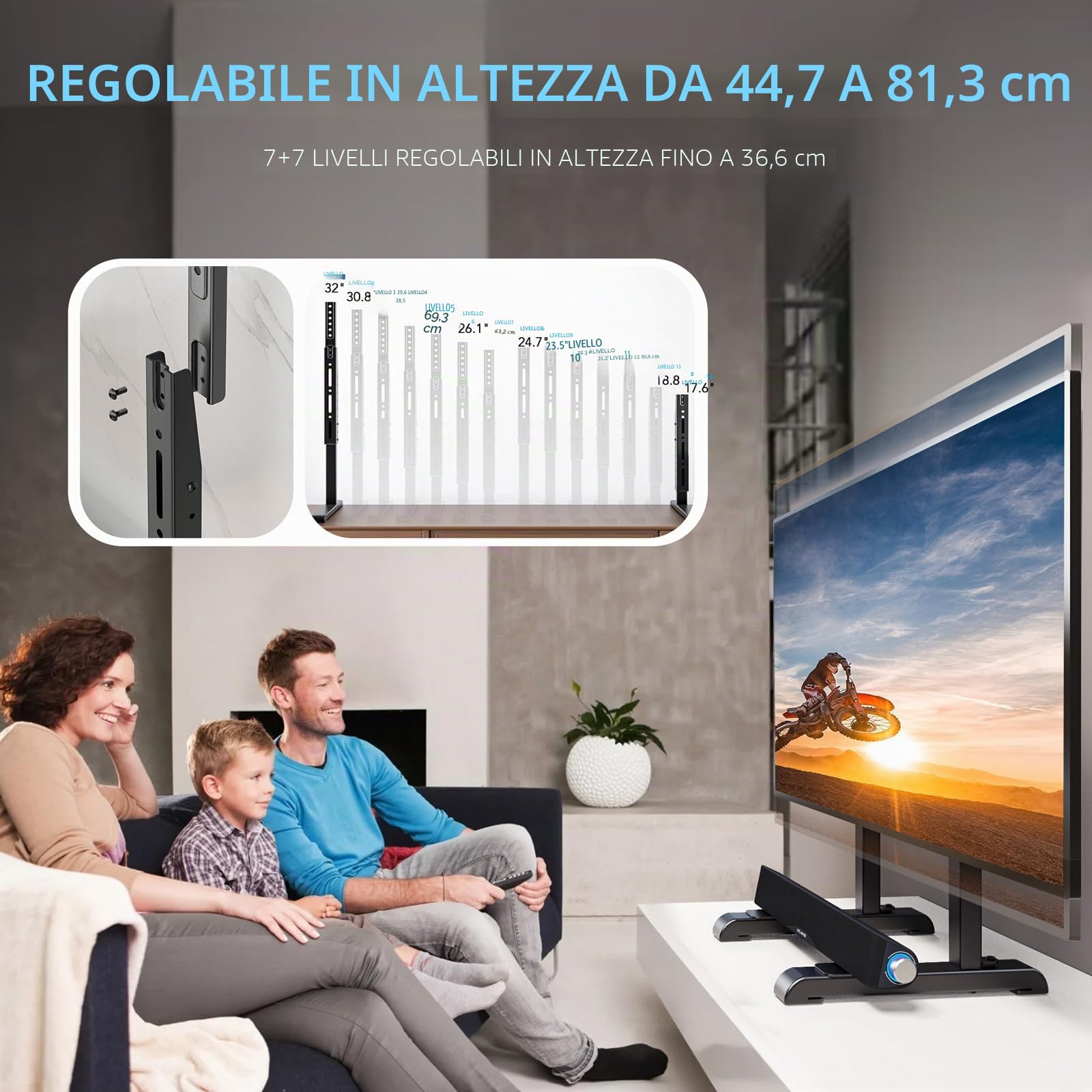 AX WABER Supporto universale per TV, base per TV da tavolo, ricambio senza oscillazioni per la maggior parte dei televisori LCD LED da 24 a 80 pollici, 7 gambe regolabili in altezza per TV fino a 68