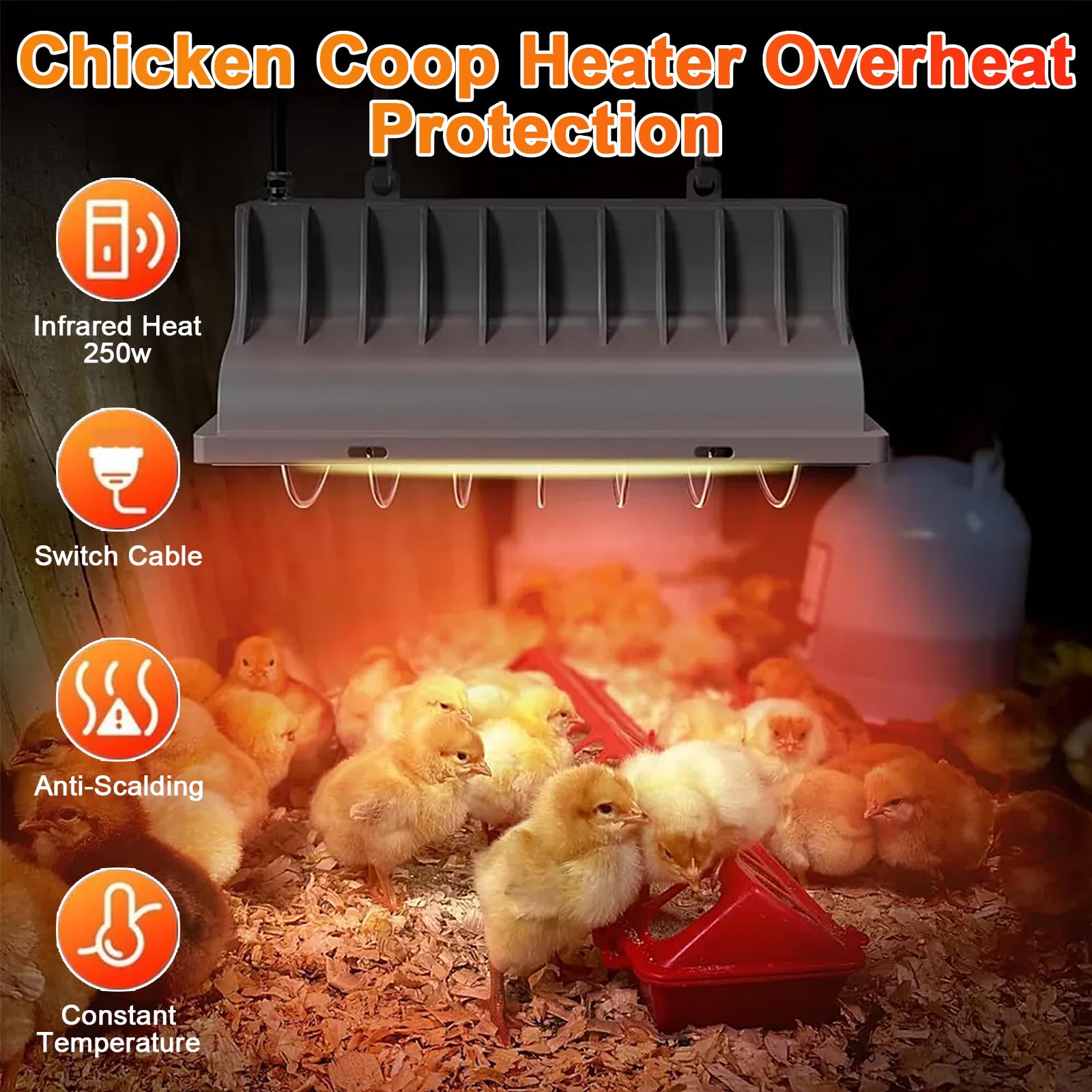 250W Hühnerstall Heizung, Infrarot Wärmelampe, Wasserdichte Wärmelampe Tiere, Thermostat Geflügel Wärmelampen mit Verstellbarer Aufhängekette für Küken, Welpen, Katzen, Schweine, Hunde, Reptilien
