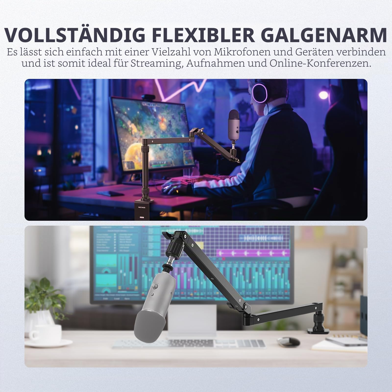NEEWER Mikrofonarm Ständer, Niedriges Profil Mic Arm Tischhalterung mit Dämpfung, 360° drehbarer Boom Arm mit erhöhter Stange und Kabelmanagement Kanälen, für Podcast Gaming Streaming Anrufe, MST002