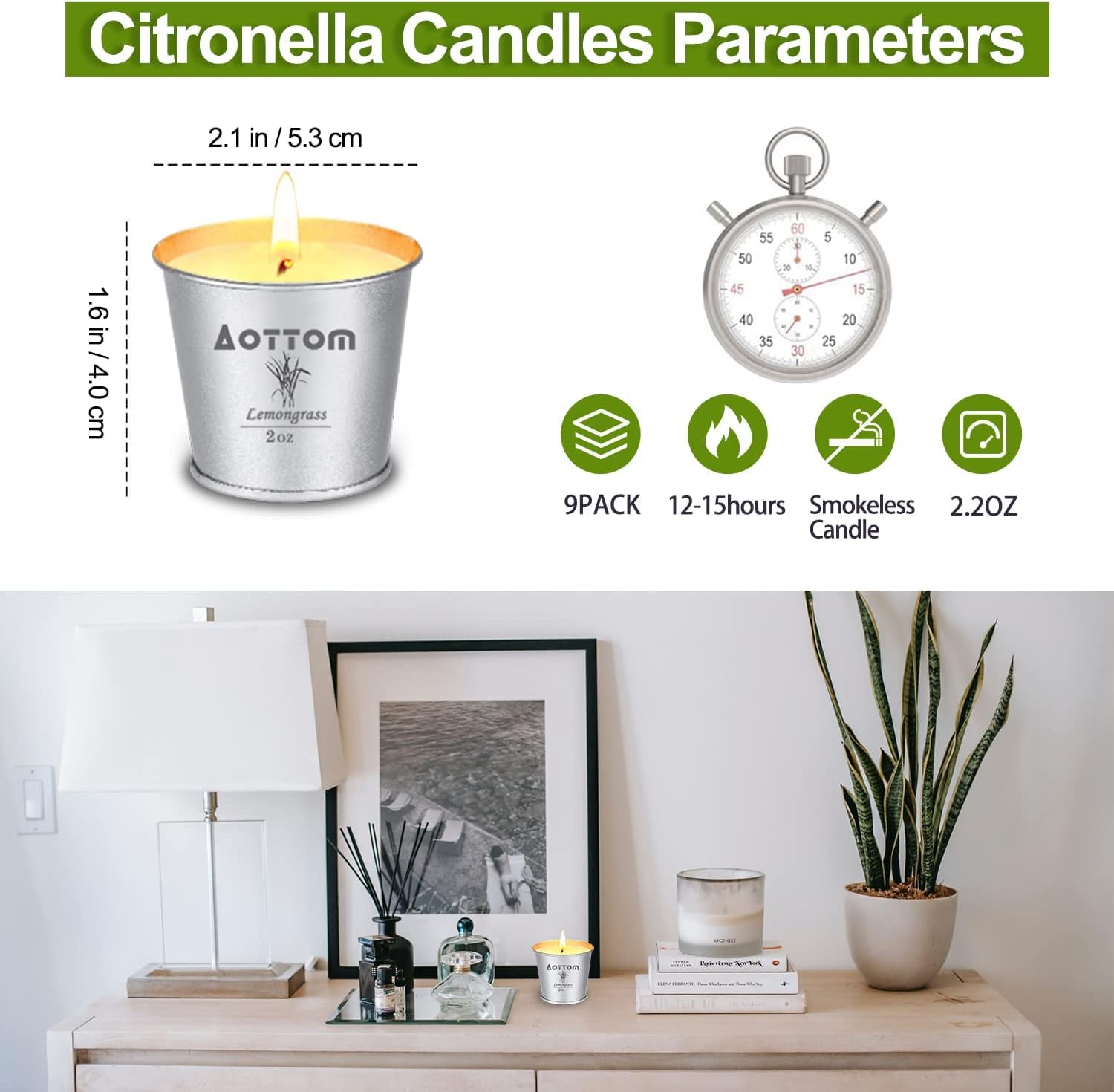 Vela Citronela Exterior, Aottom Juego de Velas de Citronella Jardín, 100% Natural Candle Cera de Soja, Verano Regalo Vela Aromaticas Perfumada con Citronella,per camping/hogar/picnic/fiestas, 9*2OZ