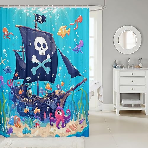 Miniatura 12 de Cortinas de ducha impermeables con diseño de barco pirata de caricaturas, tela de aventura marina, cortina de ducha de baño con peces submarinos,
