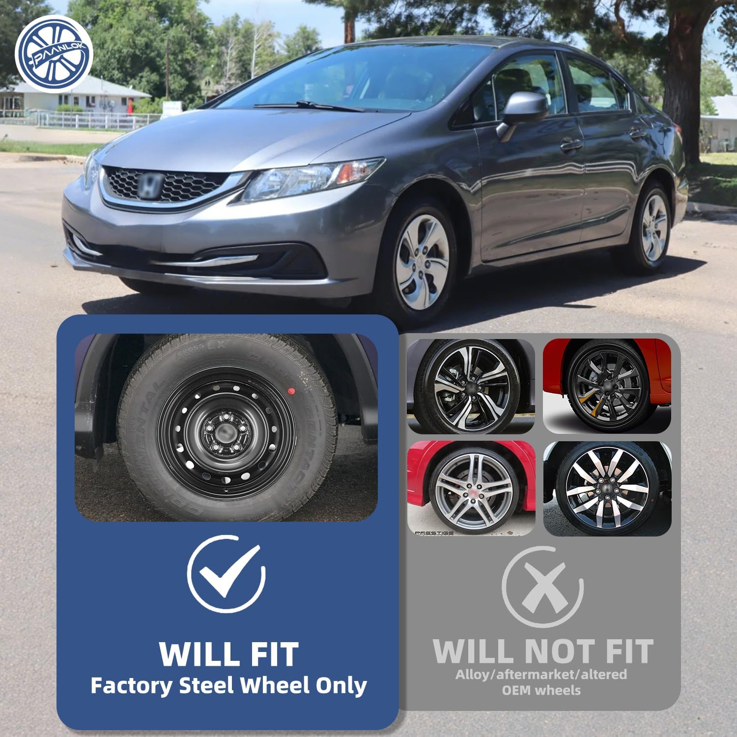 15 Inch ABS Wheel Covers for 2006-2011 & 2013-2015 Honda Civic, Bolt-On 15" Steel Wheels, OEM Replacement #44733-TR3-A00 / #44733-SNE-A00, Gloss Black Hubcaps 4-Pack