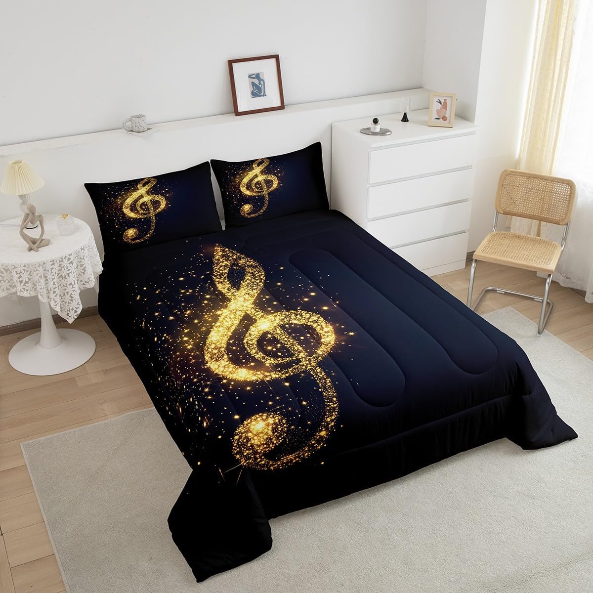 Erosebridal Golden Musical Notes Comforter Set Queen Size,Glitter Dots Duvet Insert for Teens Boys Girls,Music Theme Bedding Set,Modern Fashion Bedroom Decor Black