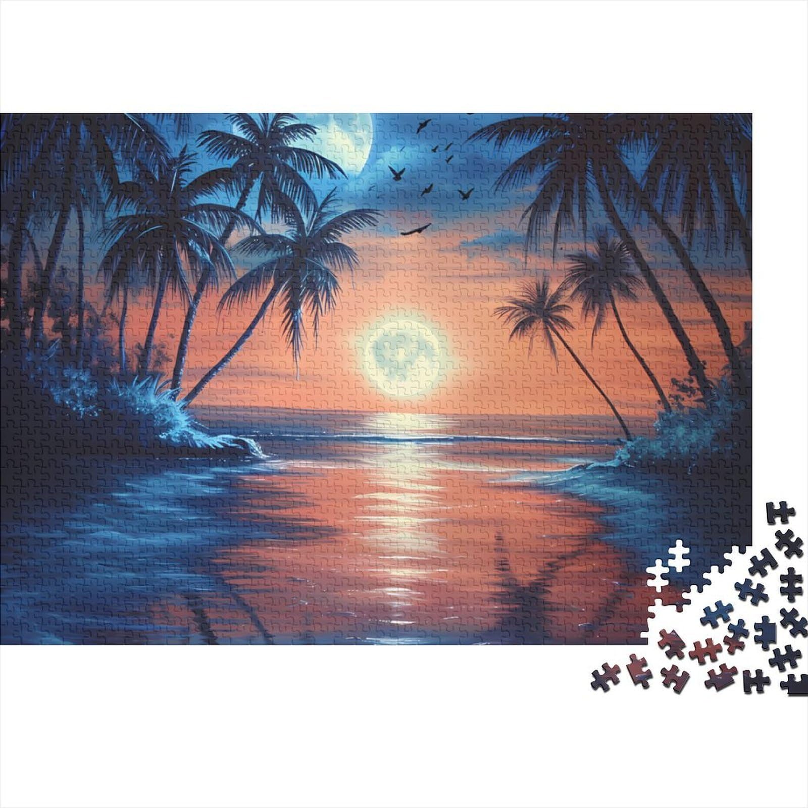 Tropical Beach Scene 1000 Pc Cardboard DIY Moonlit Island Painting Jigsaw, Concentration Training Teens, Stress Relief, Vibrant Colours & After-School Fun 70x50cm/1000pcs — image 1