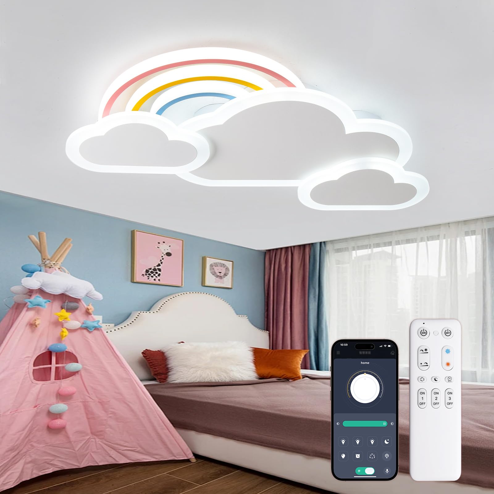 Plafondlamp voor kinderkamer, 62 cm, led-lamp met afstandsbediening, creatieve wolk, regenboog-plafondlamp, 3000 K-6000 K, dimbaar, timer en nachtlampje voor babykamer