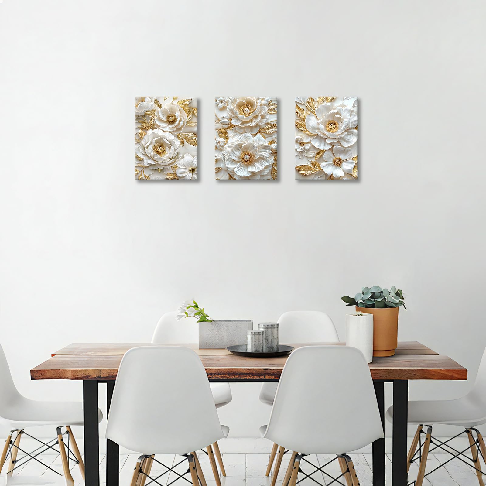 3Pcs Beige Oro Fiori di Peonie 3D Stampa su tela Con Cornice Cammeo floreale di lusso Pittura Quadri su tela Quadri Moderni Quadro Moderno Bagno Camera da Letto Soggiorno Decorazioni Murale 30x40cm x3
