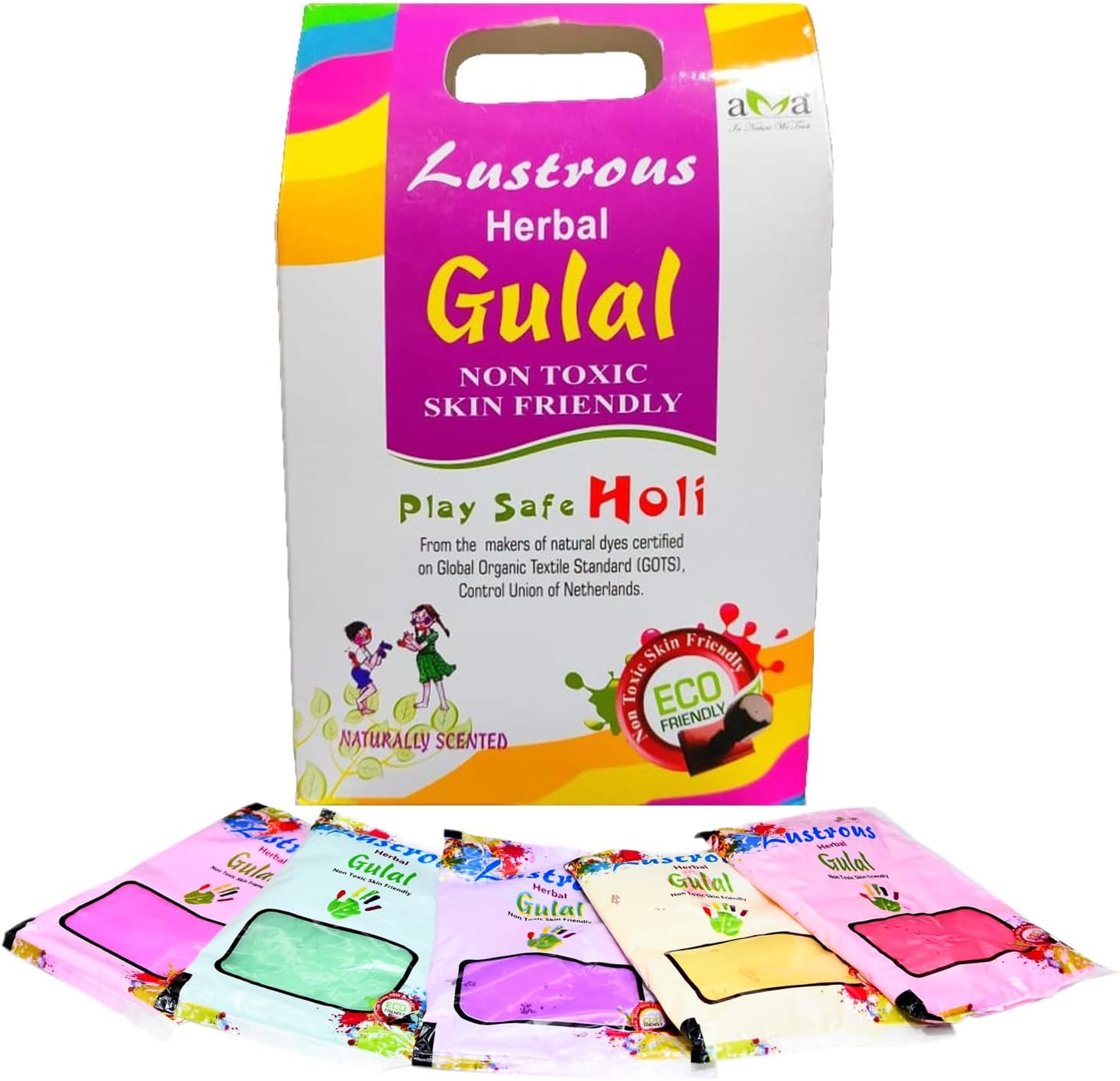 Vegetal Lustrous Natural Holi Colours Herbal Gulal; 400gm (80g.X5 Pouches)- Red, Pink, Green, Yellow, Blue