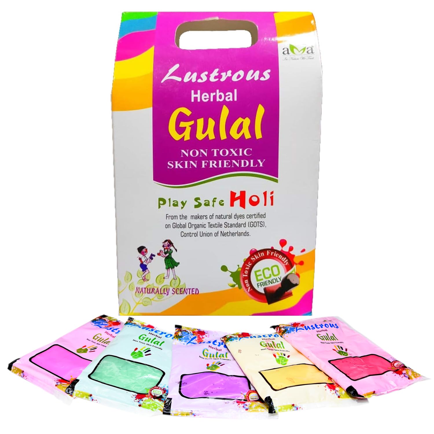 Vegetal Lustrous Natural Holi Colours Herbal Gulal; 400gm; Red, Pink, Green, Yellow, Blue Pack of 5