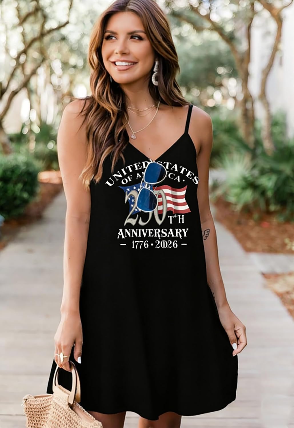 BOMYTAO 250 Anniversary USA Dress for Women-4th of July Adjustable Strap Sundress American Flag Patriotic Midi Dress