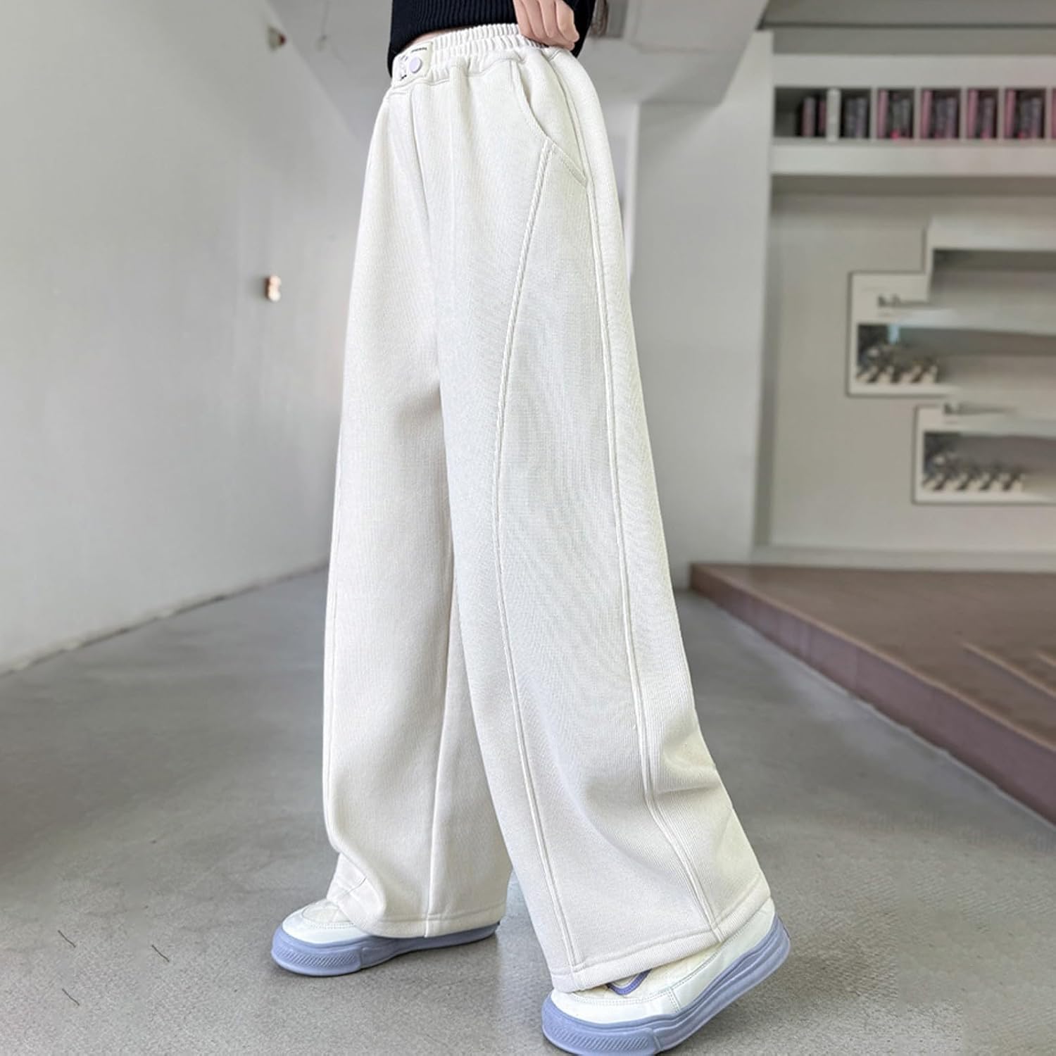 Teen Girls Fleece Lined Sweatpants Kids Baggy Straight Wide Leg Track Pants Tween Joggers Trousers Winter Warm Clothes