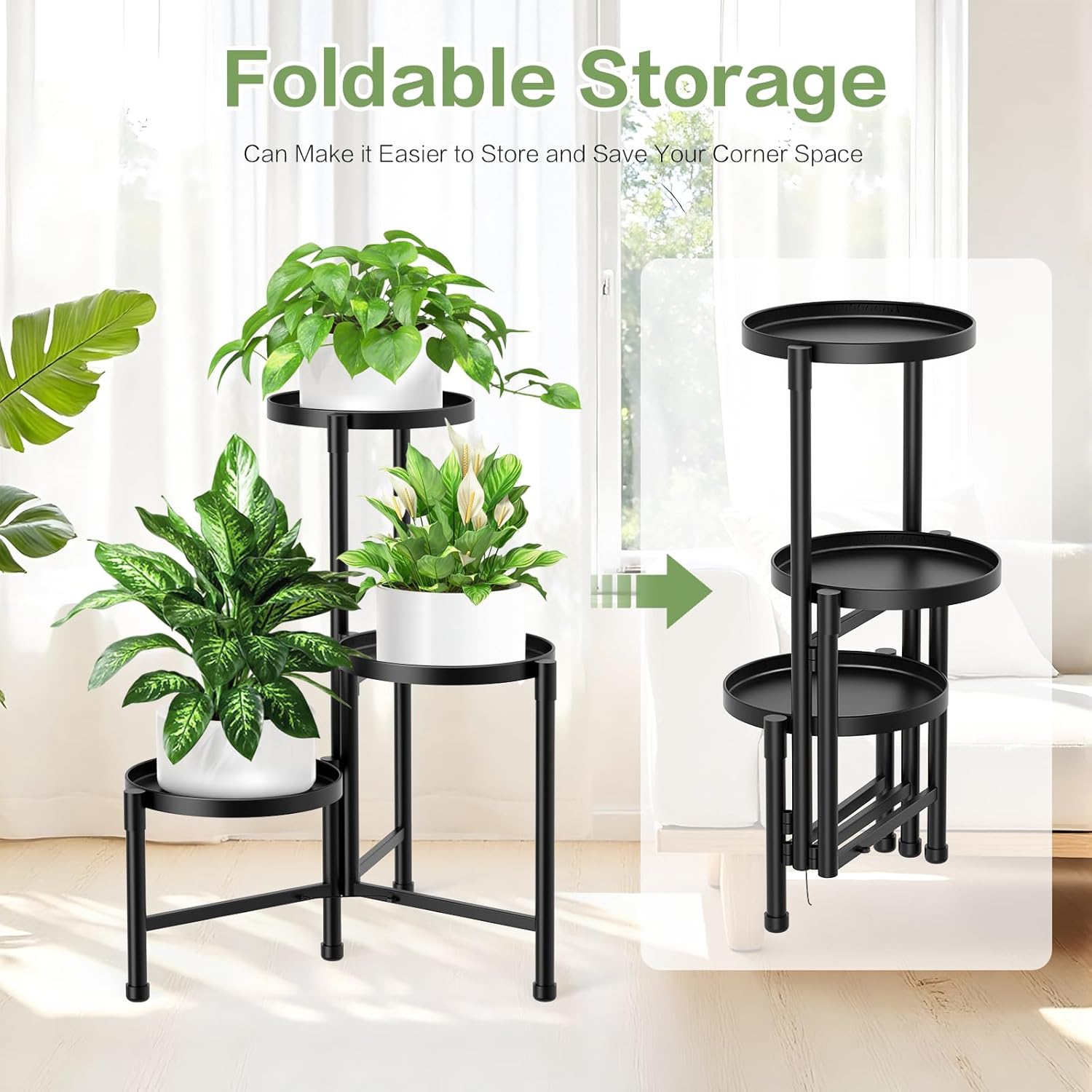 3 Tier Metal Corner Plant Stand Indoor Outdoor, Heightened widened 30'' Tall Multiple Flower Pot Display Holder, Iron Plant Rack Organizer for Living Room Garden Patio Balcony Office (black)