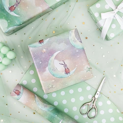 Miniatura 3 de RUSPEPA Rollo de papel de regalo reversible, rollo jumbo, conejo lunar y patrón de puntos para envoltura de regalos neutros de bebé, fiesta de
