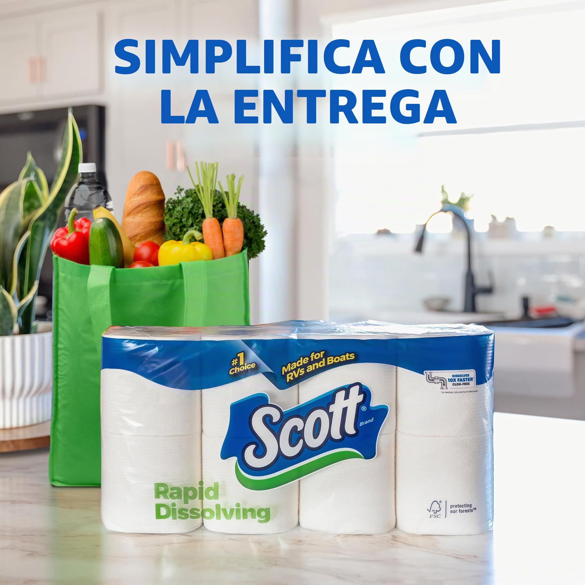 Scott Papel higiénico de disolución rápida, 48 rollos dobles (6 paquetes de 8) = 96 rollos regulares, 231 hojas por rollo, hecho para caravanas y barcos