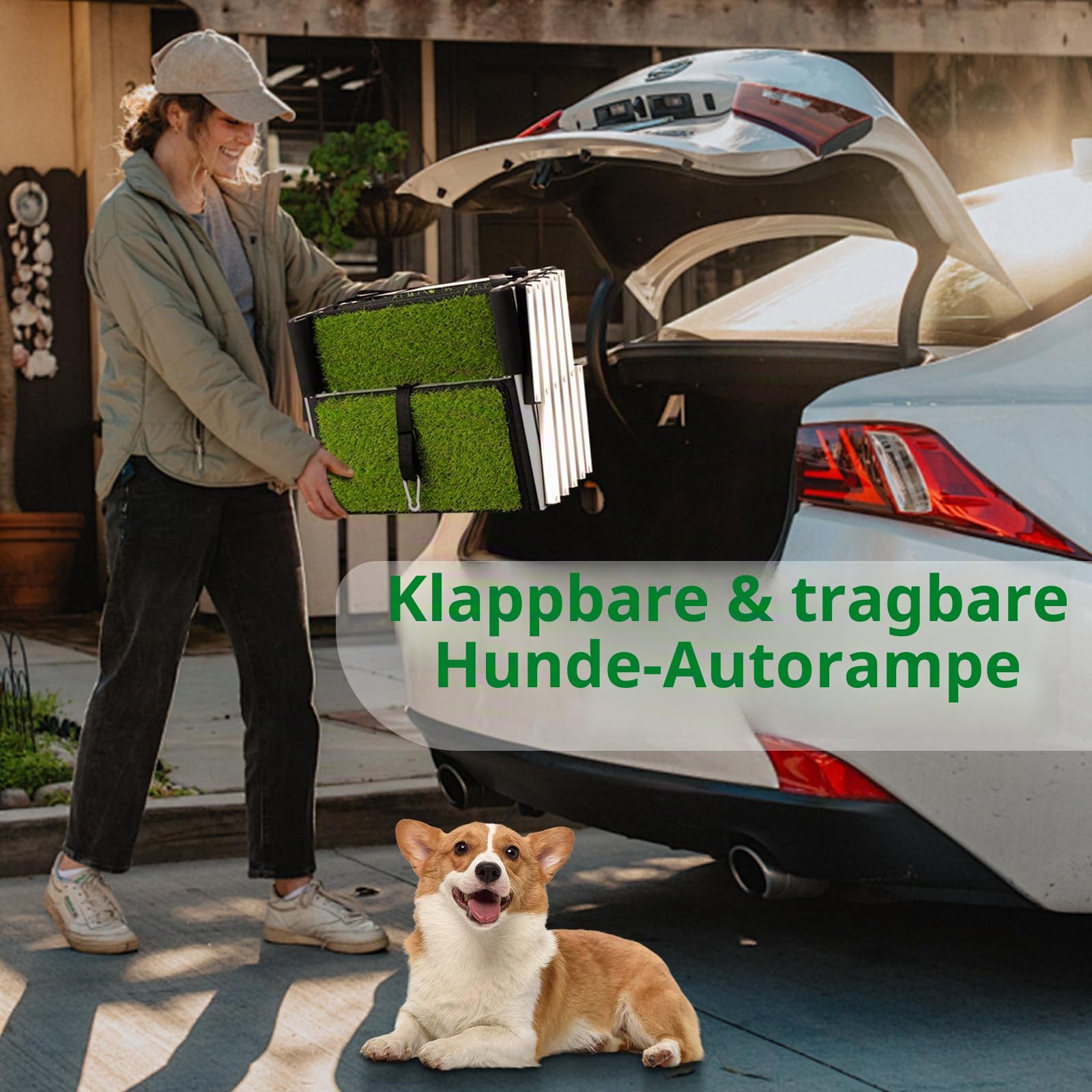 Hunderampe Auto Klappbar, Hundetreppe für Große Hunde mit rutschfeste Kunstrasen-Oberfläche, Leichtgewichtige Aluminium Hundetreppe für SUV, Jeep & LKWs, Bis 70kg