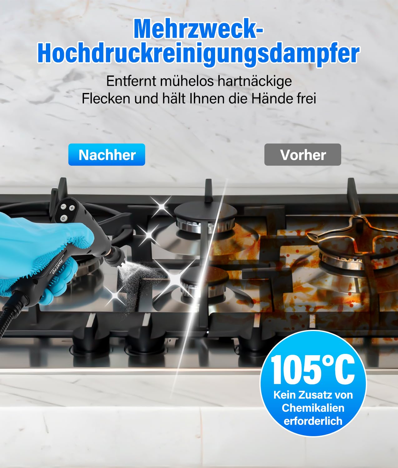 PAHTTO Handdampfreiniger Dampfreiniger Handgerät, 2500W Hochtemperatur-Dampfreiniger, 1200ml transparenter Wassertank, 15s Aufheizzeit, 6-Stufen-Temperaturregelung, für Haushalt, Küche, Bad, Auto